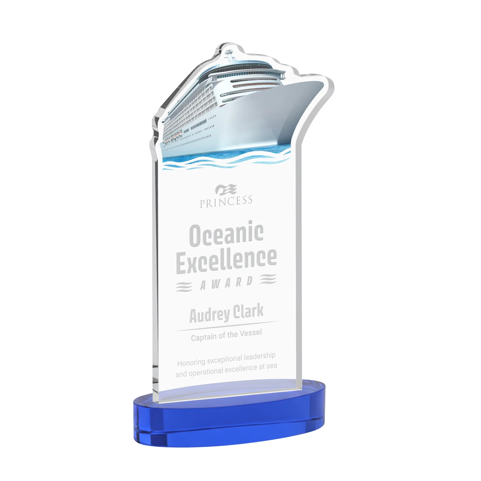 Personalized Starfire Crystal Ship Cutout Award on Oval Base for company anniversary events