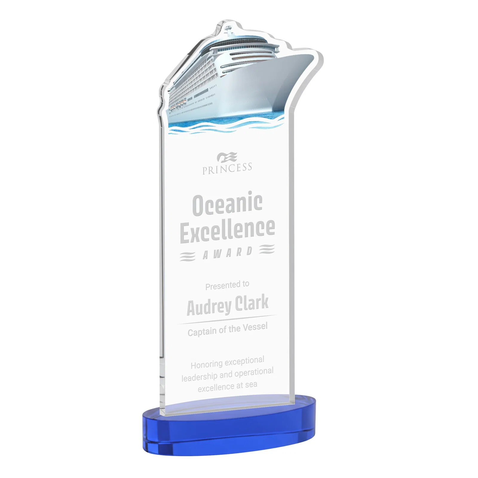 Promotional Starfire Crystal Ship Cutout Award on Oval Base for employee recognition
