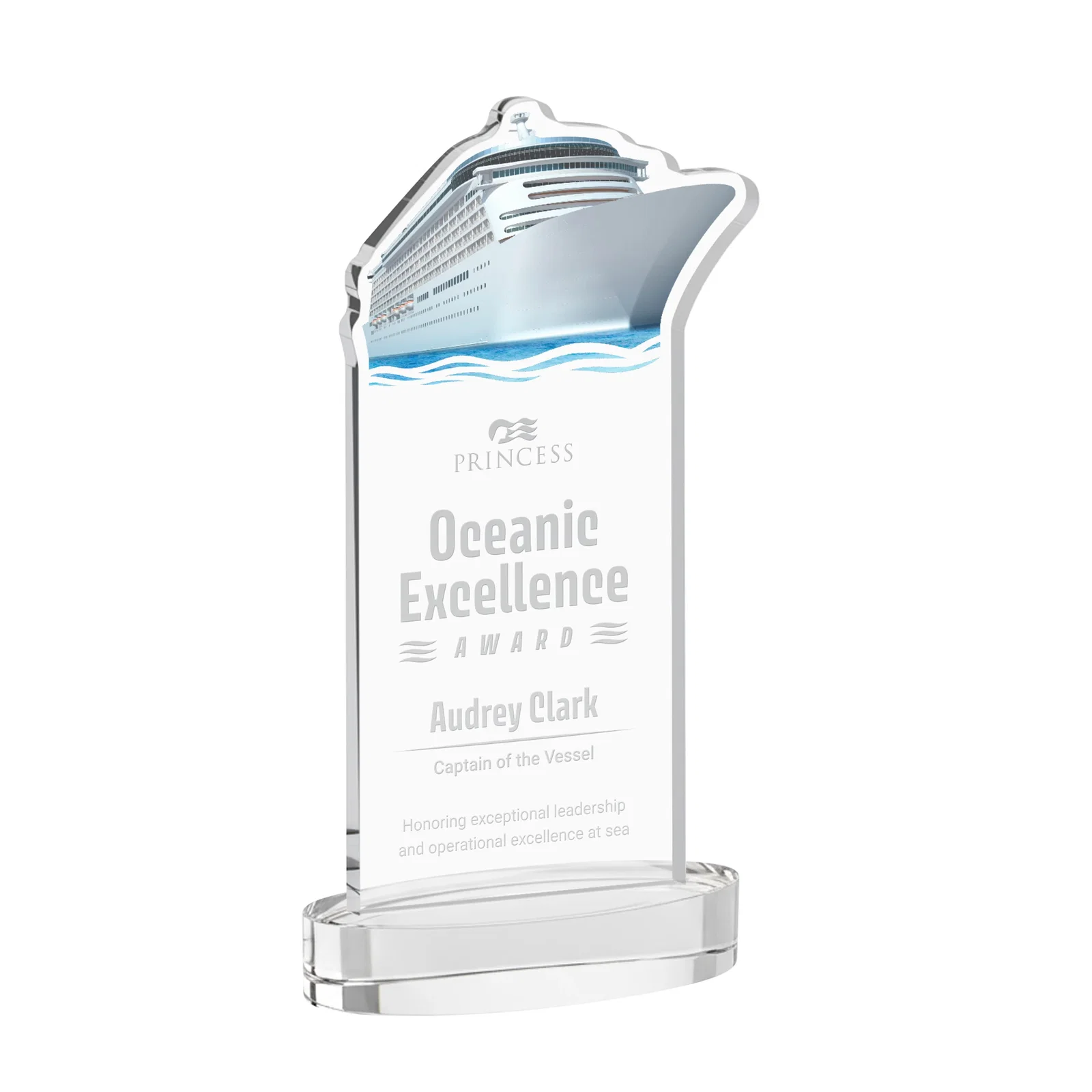 Custom Starfire Crystal Ship Cutout Award on Oval Base for service anniversary gifts
