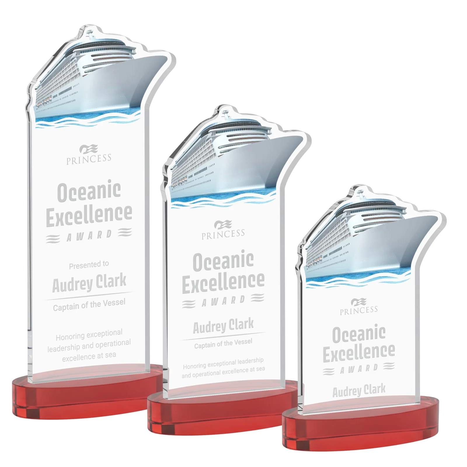 Promotional Starfire Crystal Ship Cutout Award on Oval Base for corporate award ceremonies