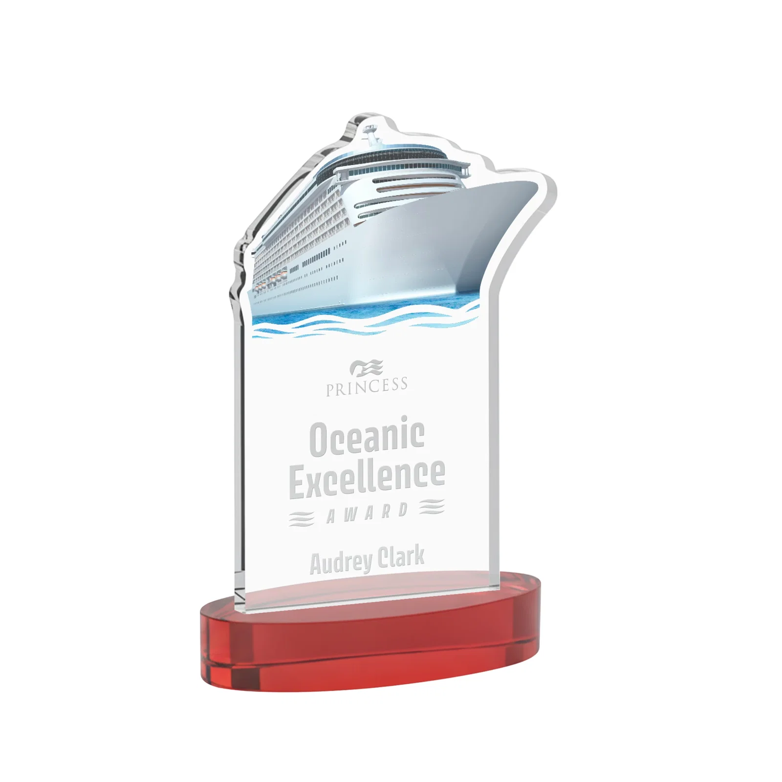 Promotional Starfire Crystal Ship Cutout Award on Oval Base for service anniversary gifts