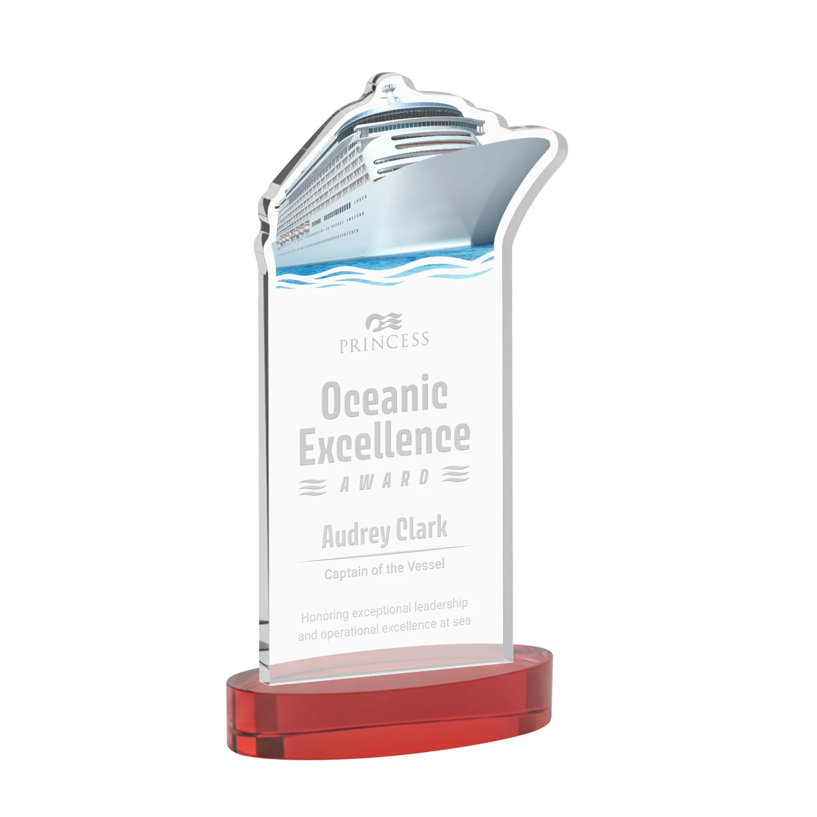 Promotional Starfire Crystal Ship Cutout Award on Oval Base for sales achievement awards