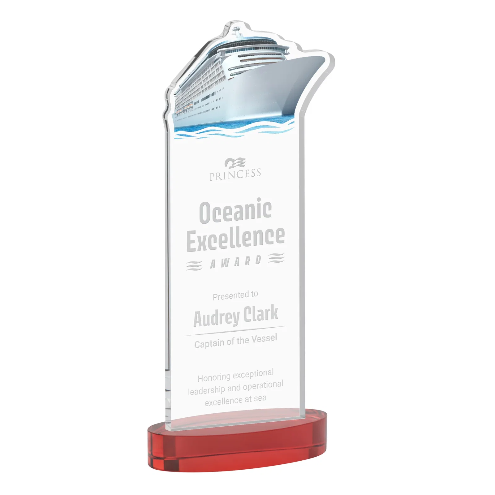 Promotional Starfire Crystal Ship Cutout Award on Oval Base for retirement presentations