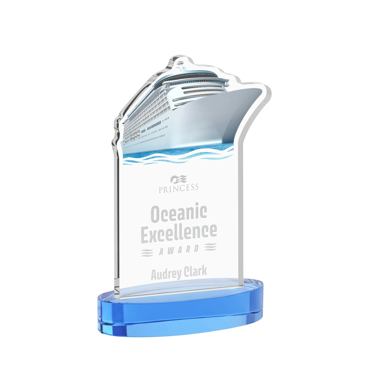 Promotional Starfire Crystal Ship Cutout Award on Oval Base for donor appreciation