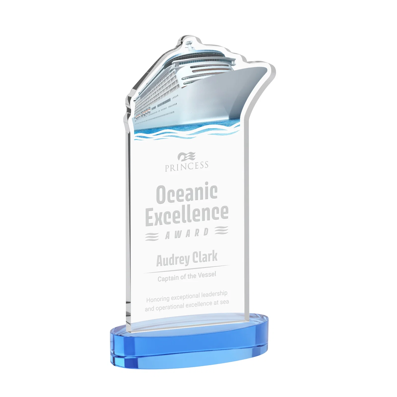 Promotional Starfire Crystal Ship Cutout Award on Oval Base for graduation ceremonies