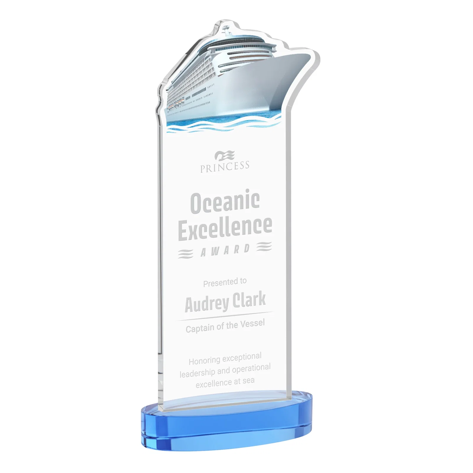 Promotional Starfire Crystal Ship Cutout Award on Oval Base for safety achievement programs