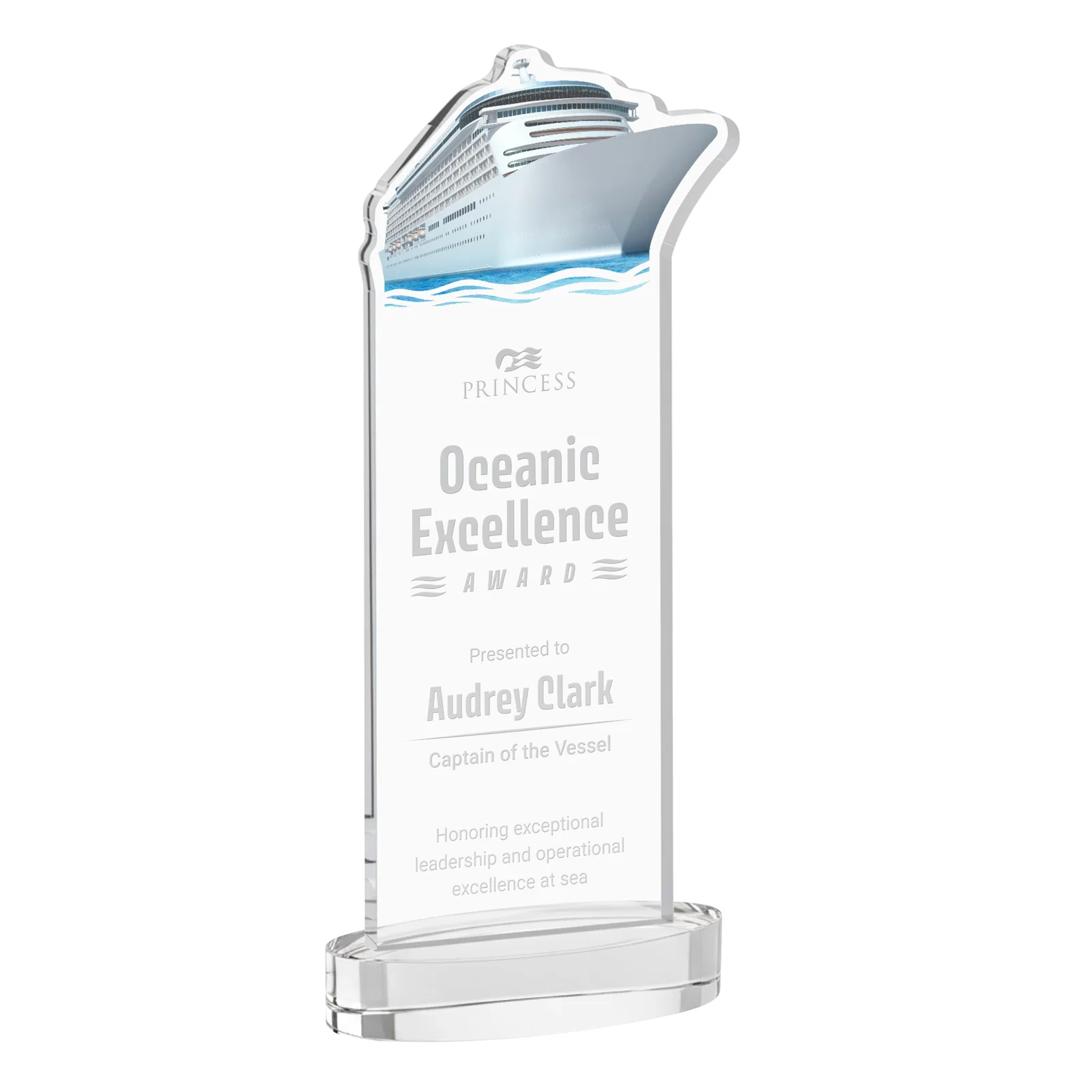 Custom Starfire Crystal Ship Cutout Award on Oval Base for sales achievement awards