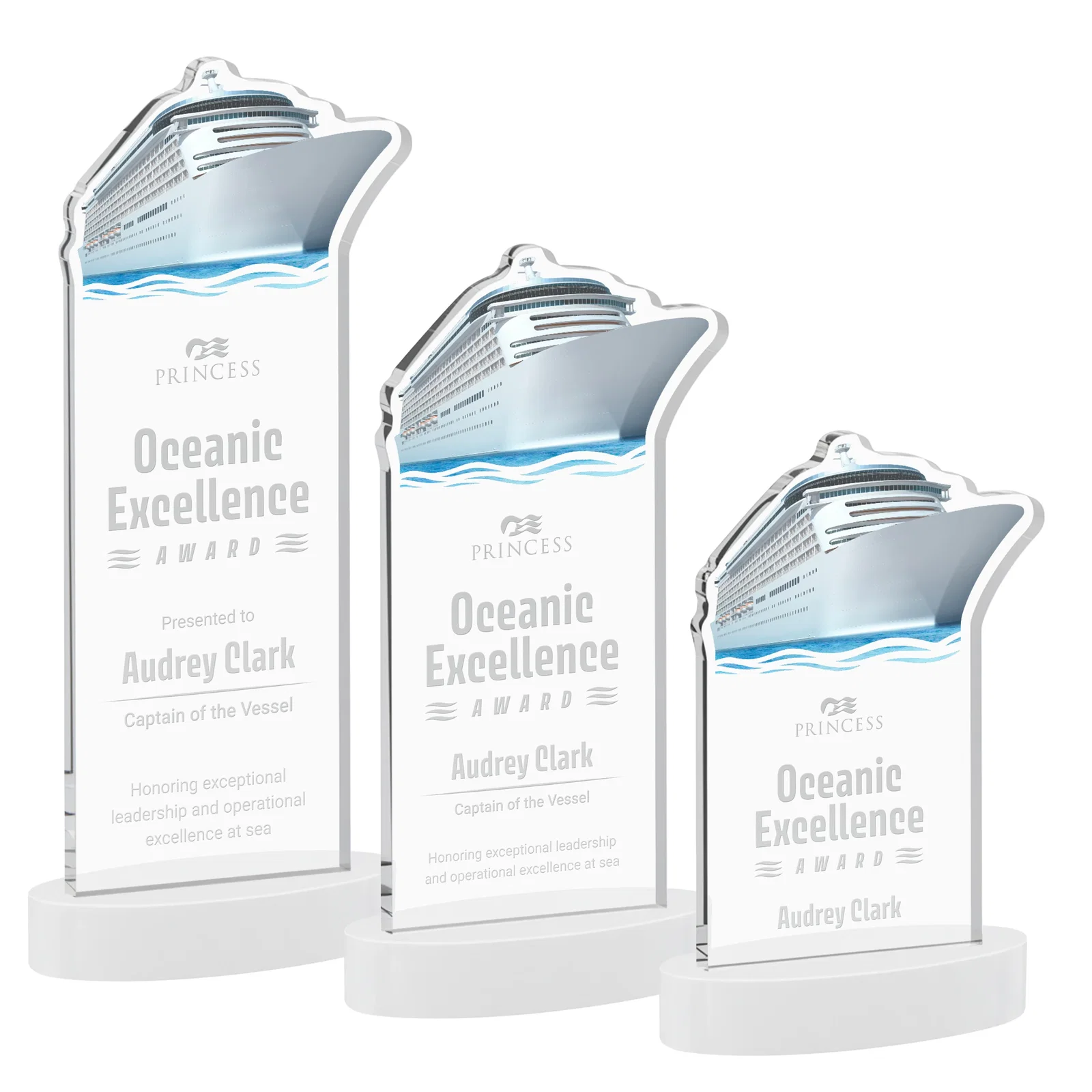 Promotional Starfire Crystal Ship Cutout Award on Oval Base for volunteer appreciation