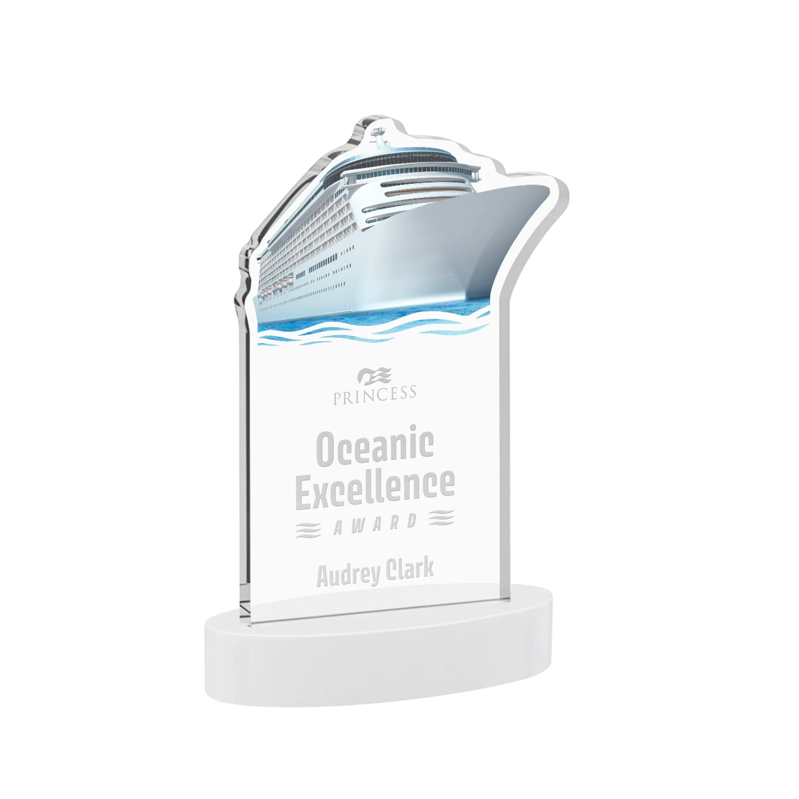 Promotional Starfire Crystal Ship Cutout Award on Oval Base for dealer and partner awards
