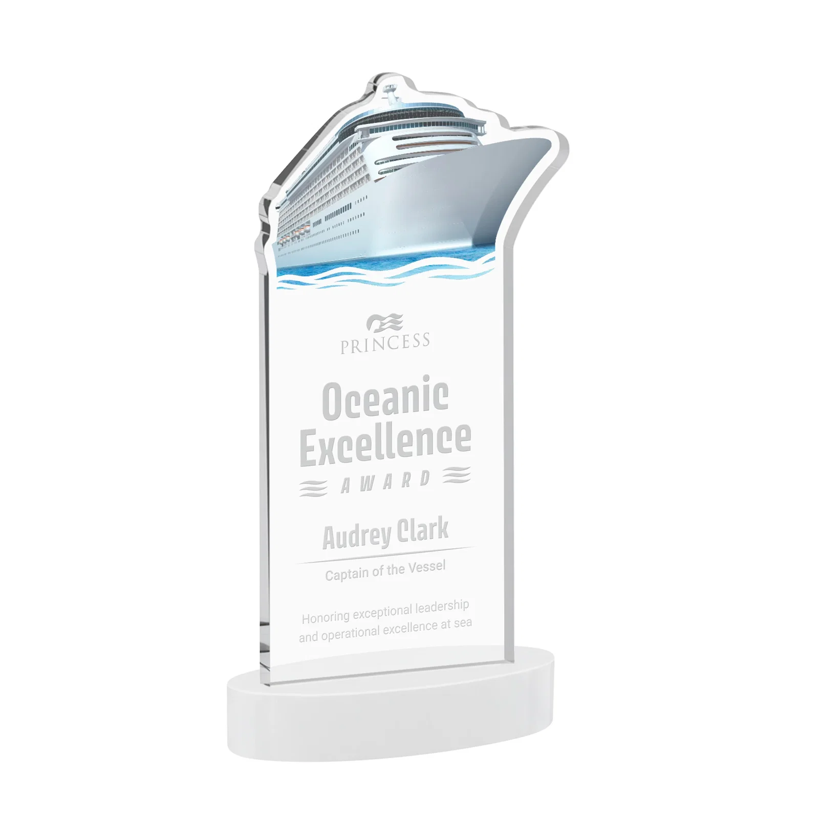 Promotional Starfire Crystal Ship Cutout Award on Oval Base for company anniversary events