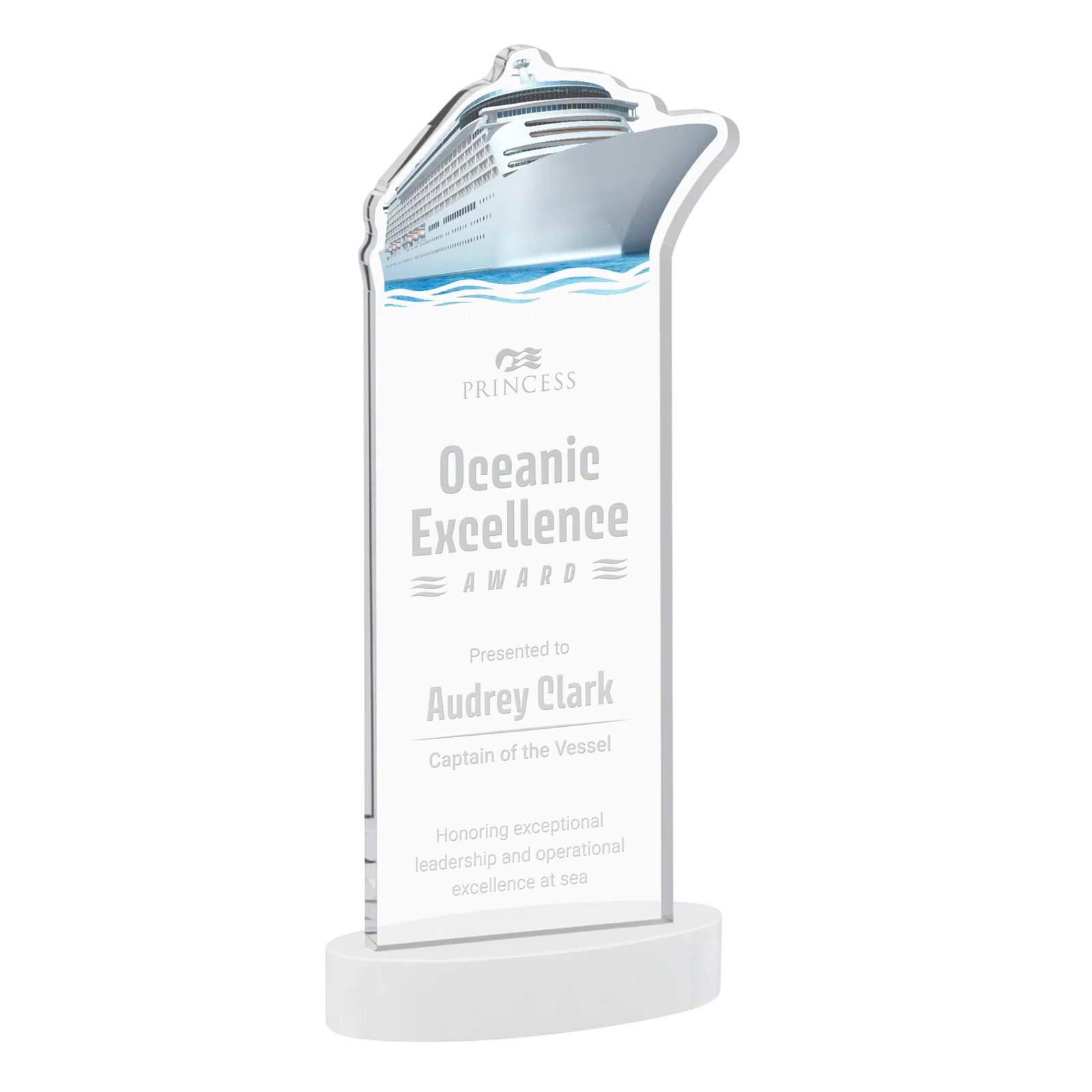 Branded Starfire Crystal Ship Cutout Award on Oval Base for employee recognition