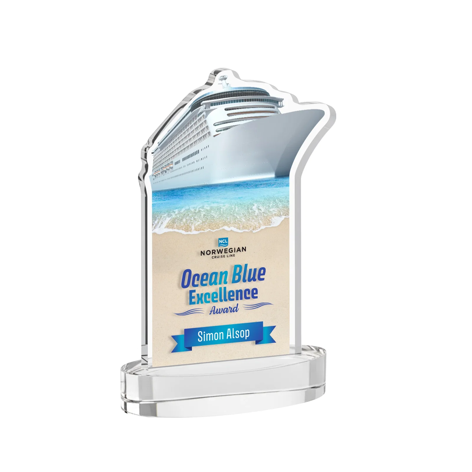 Branded Starfire Crystal Ship Cutout Award on Oval Base for service anniversary gifts