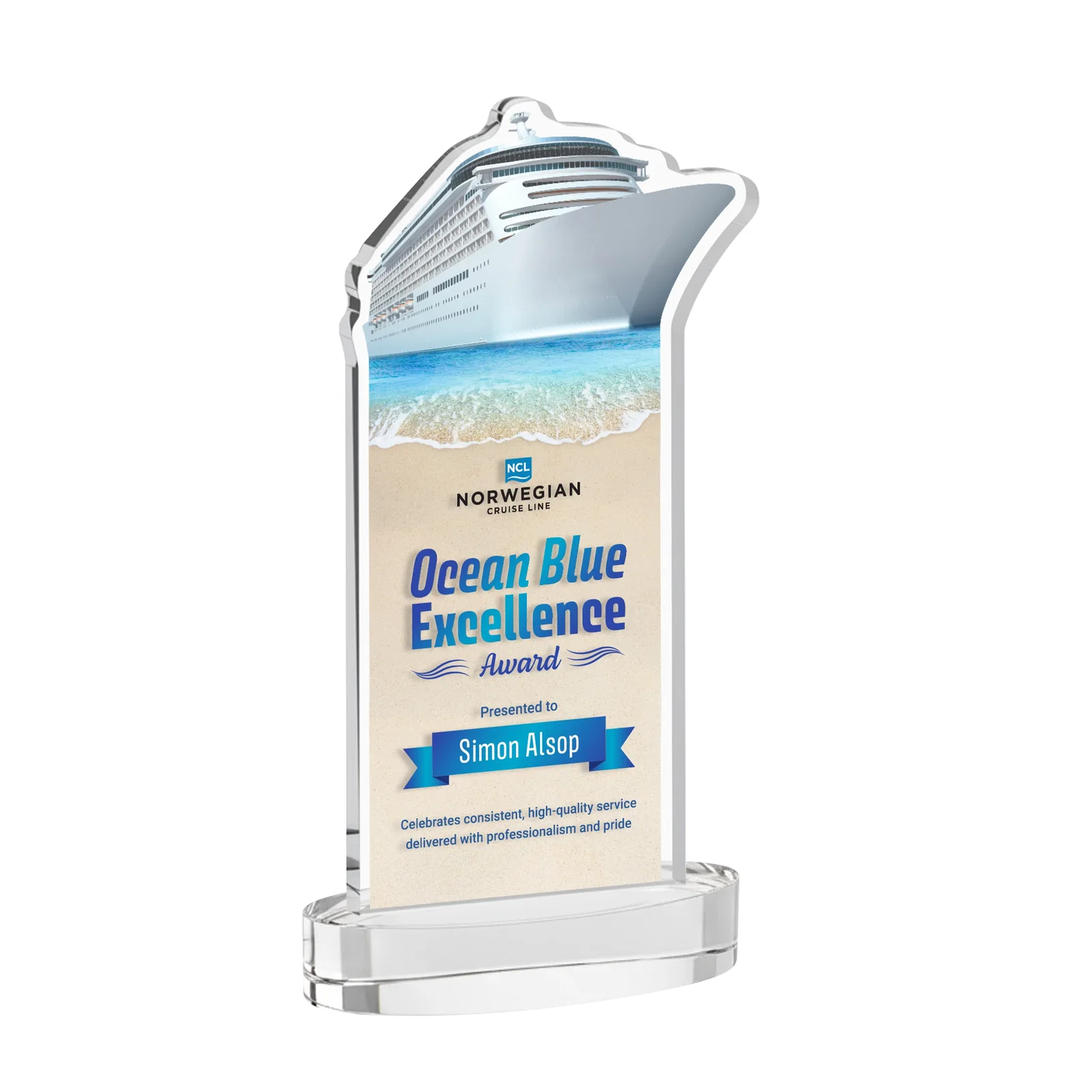 Branded Starfire Crystal Ship Cutout Award on Oval Base for sales achievement awards