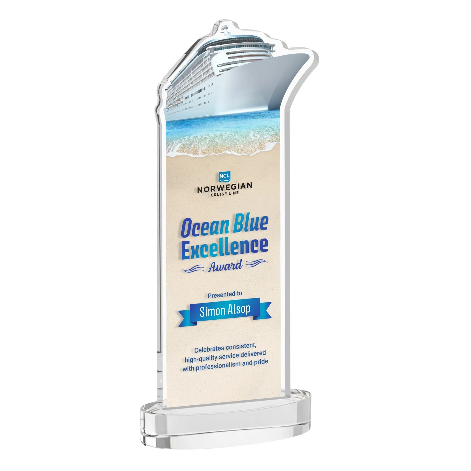 Branded Starfire Crystal Ship Cutout Award on Oval Base for retirement presentations