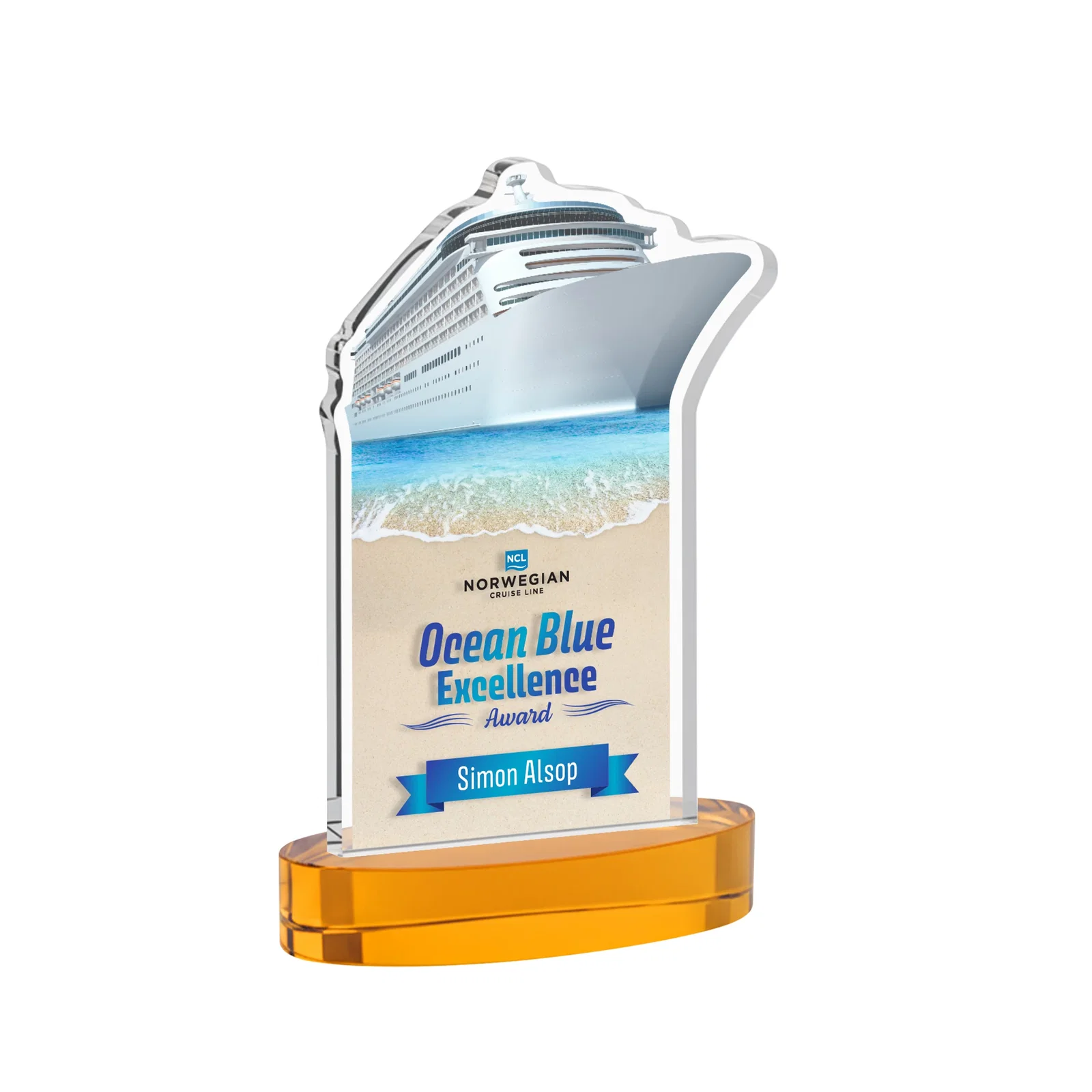 Branded Starfire Crystal Ship Cutout Award on Oval Base for donor appreciation