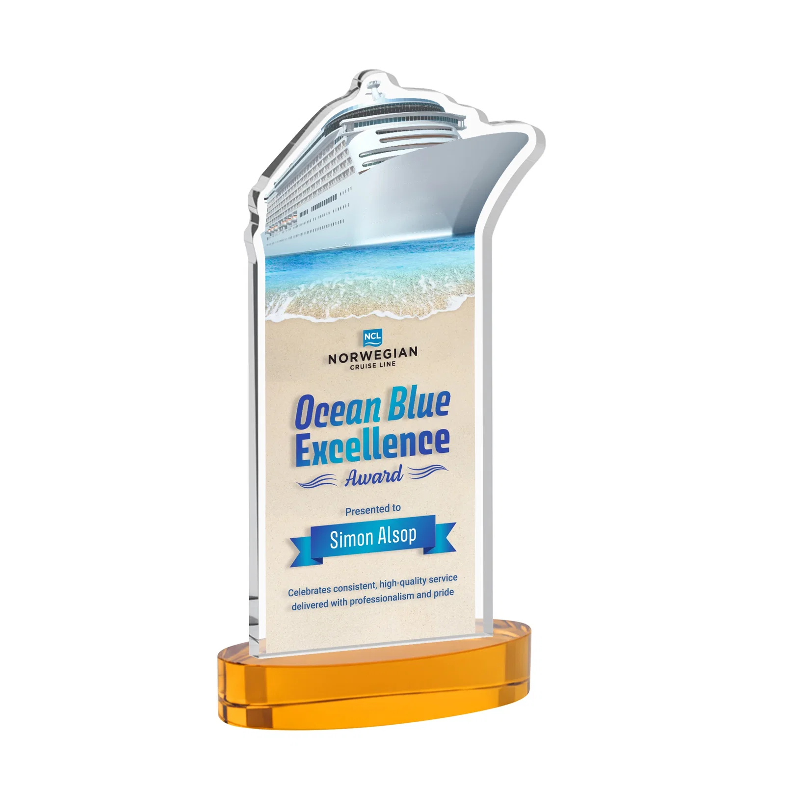 Branded Starfire Crystal Ship Cutout Award on Oval Base for graduation ceremonies