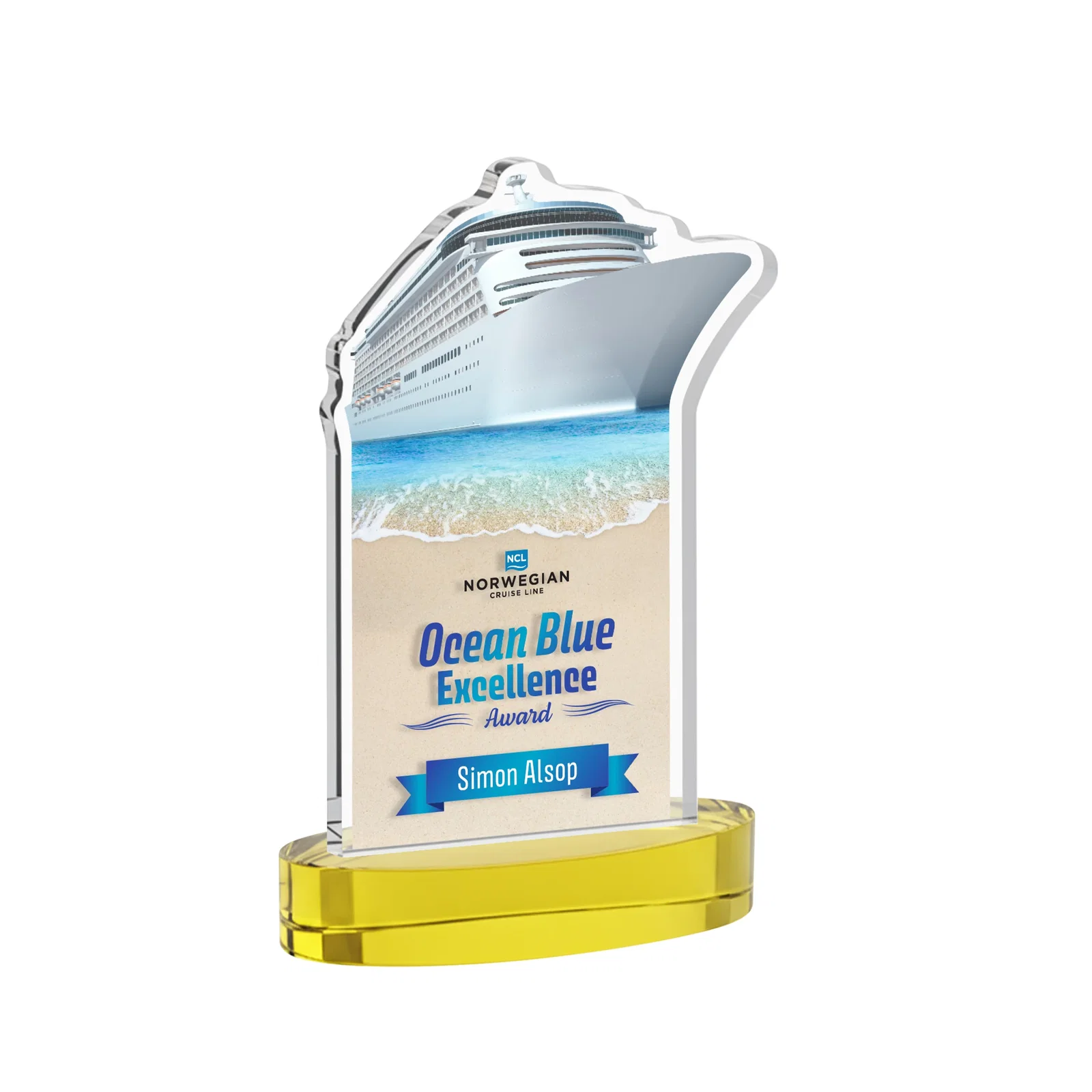 Branded Starfire Crystal Ship Cutout Award on Oval Base for dealer and partner awards