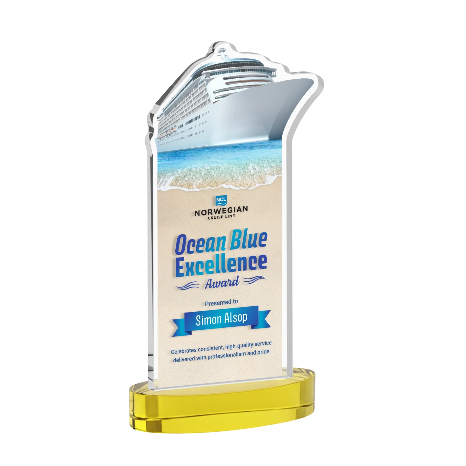 Branded Starfire Crystal Ship Cutout Award on Oval Base for company anniversary events