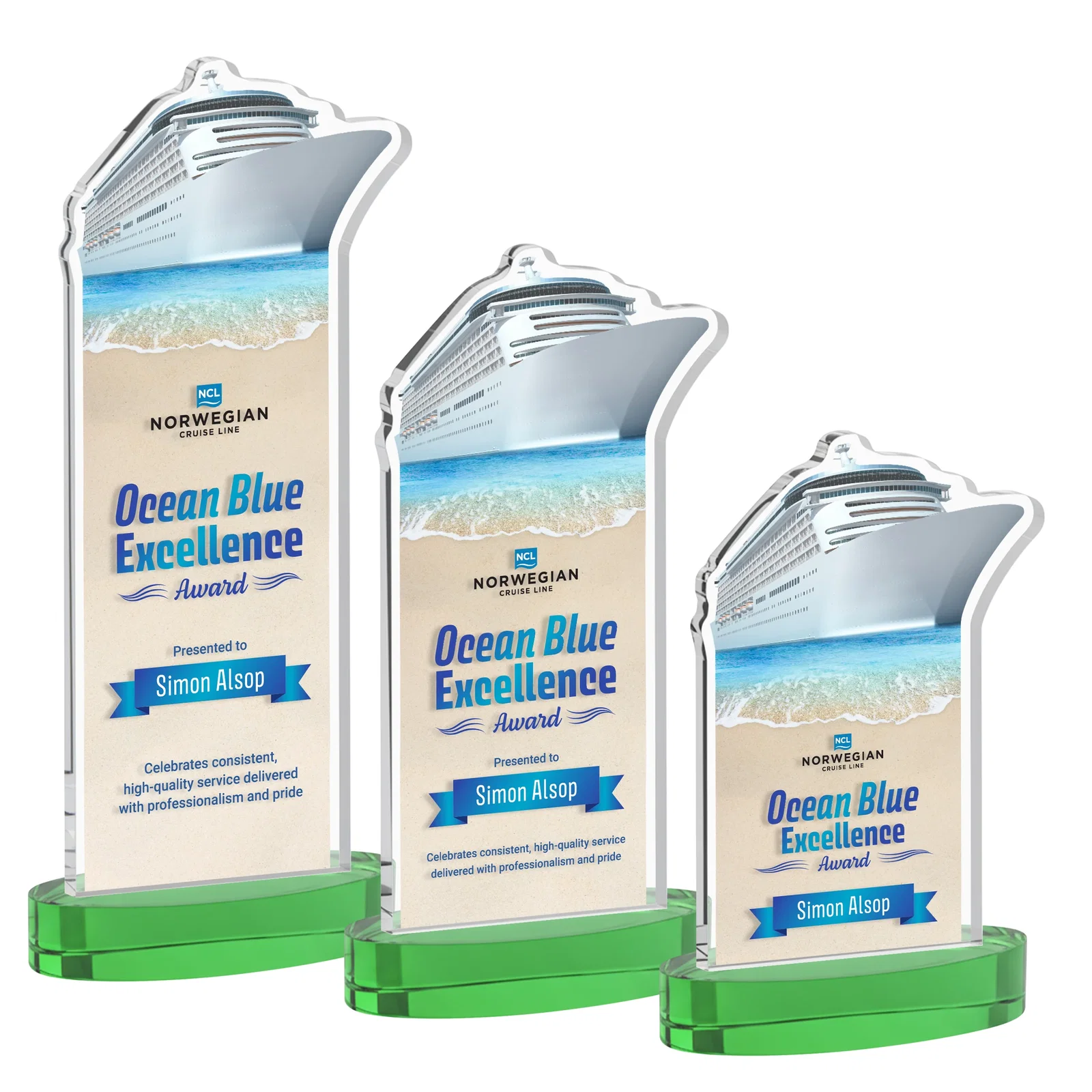 Custom printed Starfire Crystal Ship Cutout Award on Oval Base for corporate award ceremonies