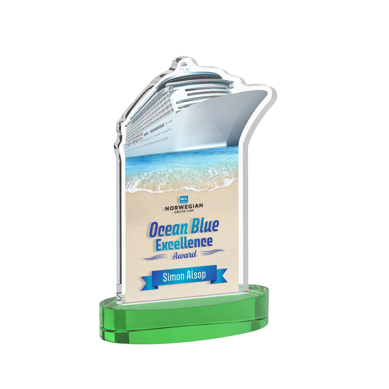 Custom printed Starfire Crystal Ship Cutout Award on Oval Base for service anniversary gifts