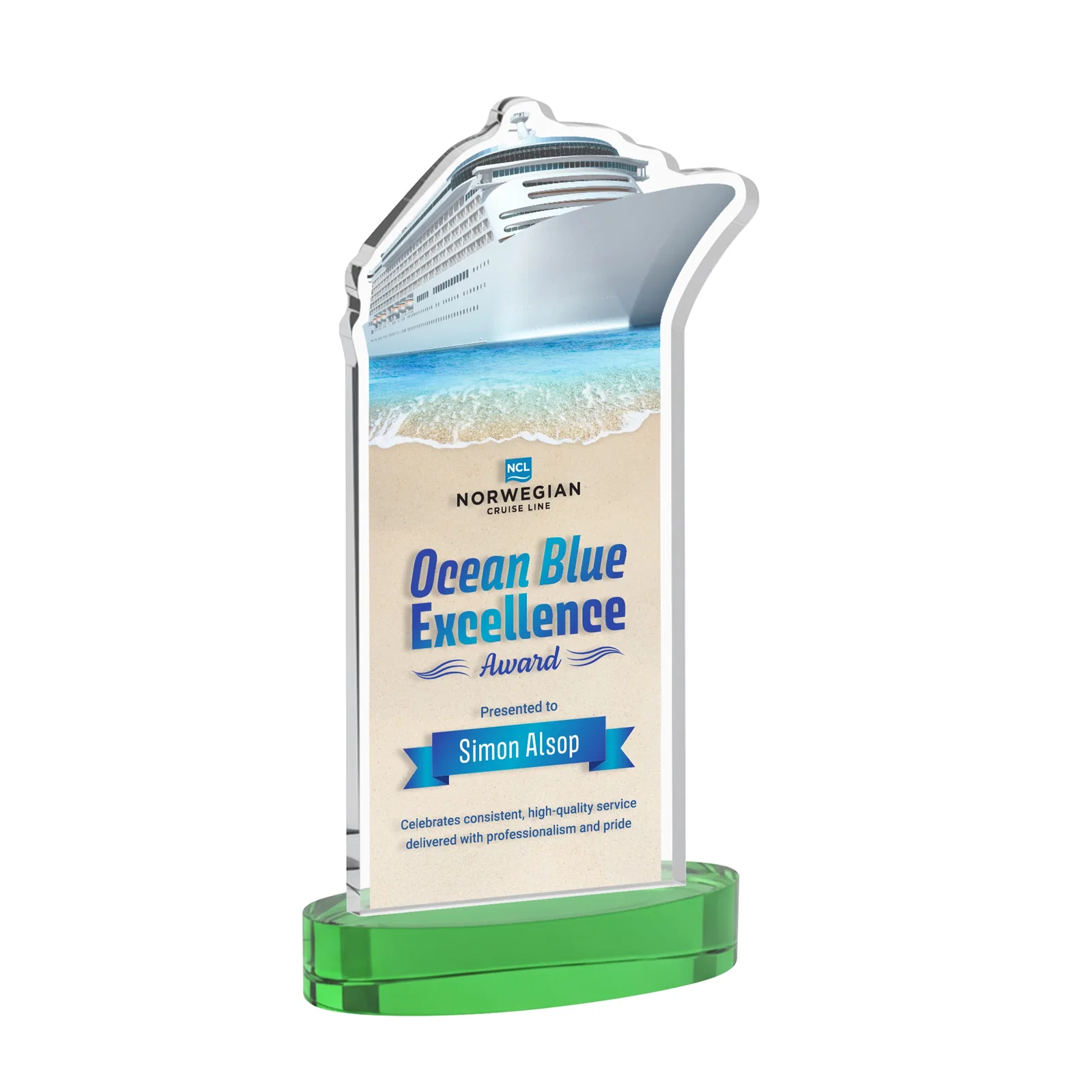 Custom printed Starfire Crystal Ship Cutout Award on Oval Base for sales achievement awards