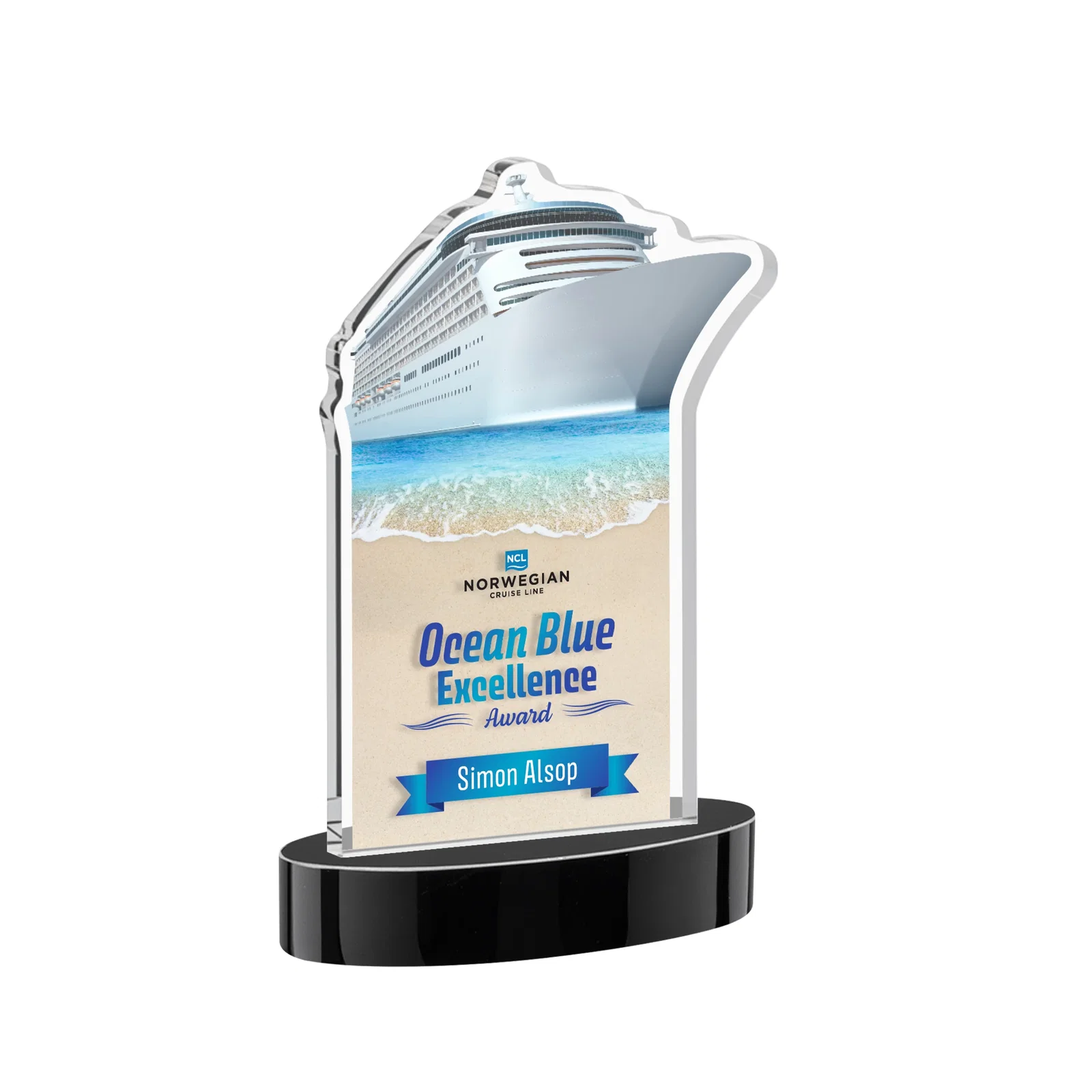 Custom printed Starfire Crystal Ship Cutout Award on Oval Base for donor appreciation