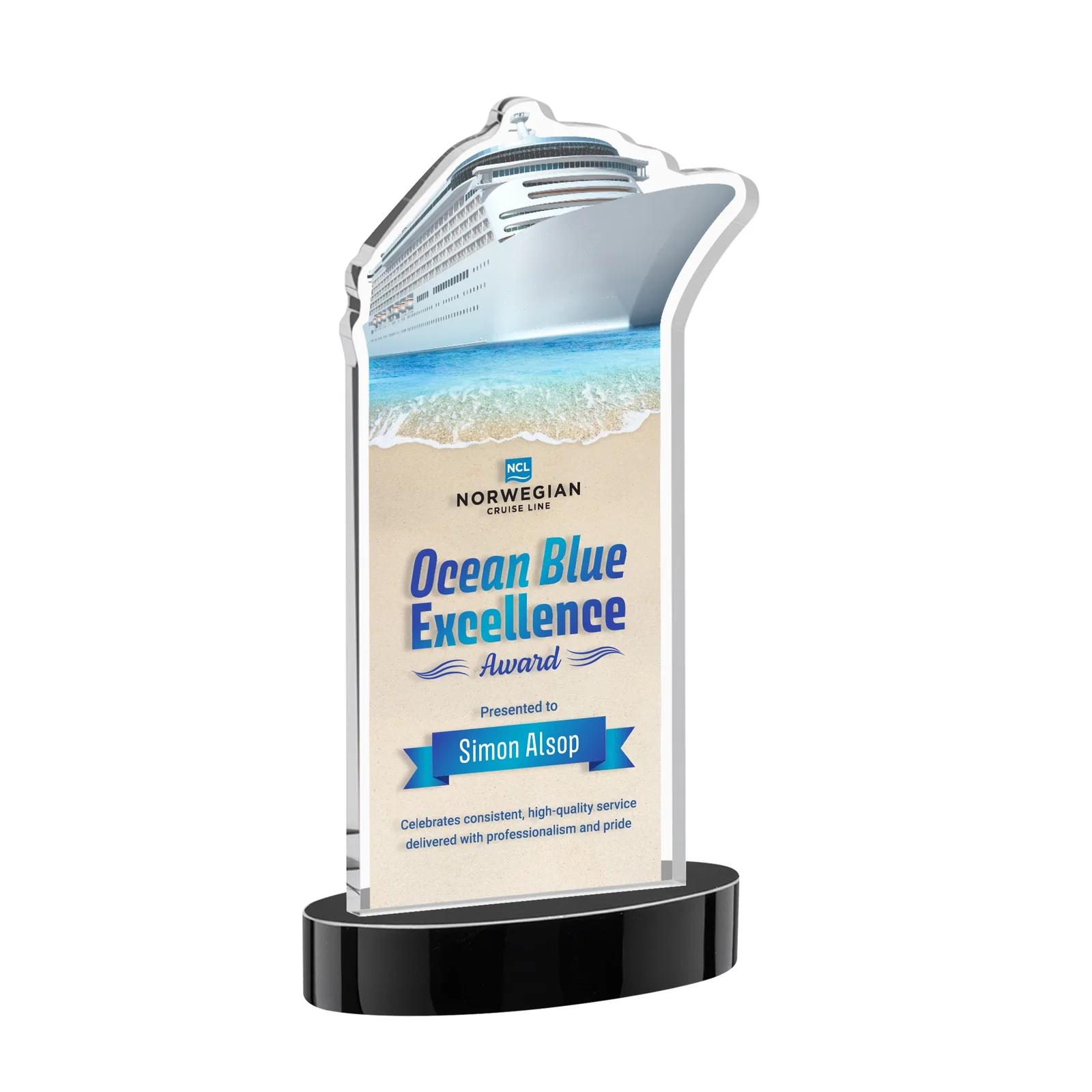 Custom printed Starfire Crystal Ship Cutout Award on Oval Base for graduation ceremonies