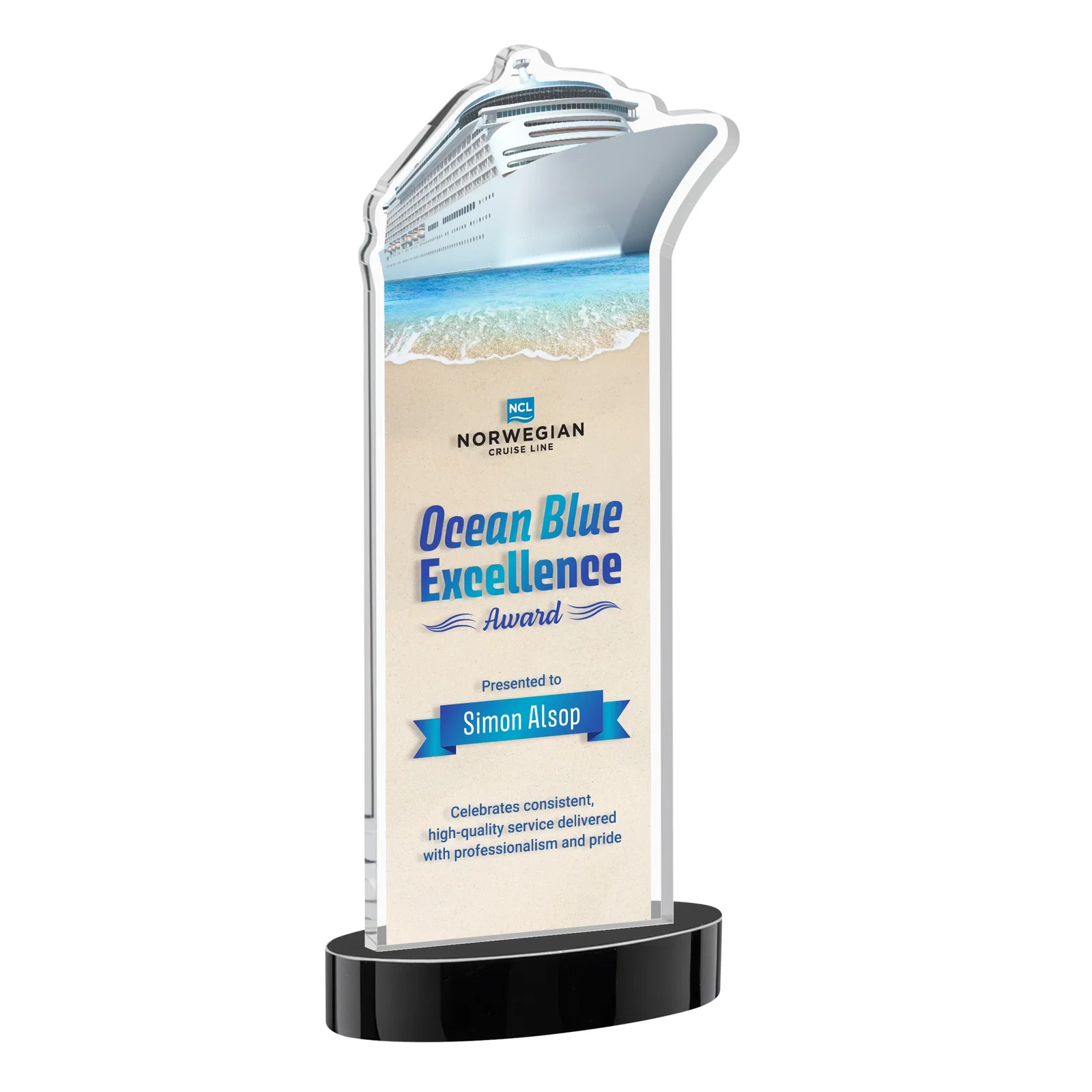 Custom printed Starfire Crystal Ship Cutout Award on Oval Base for safety achievement programs