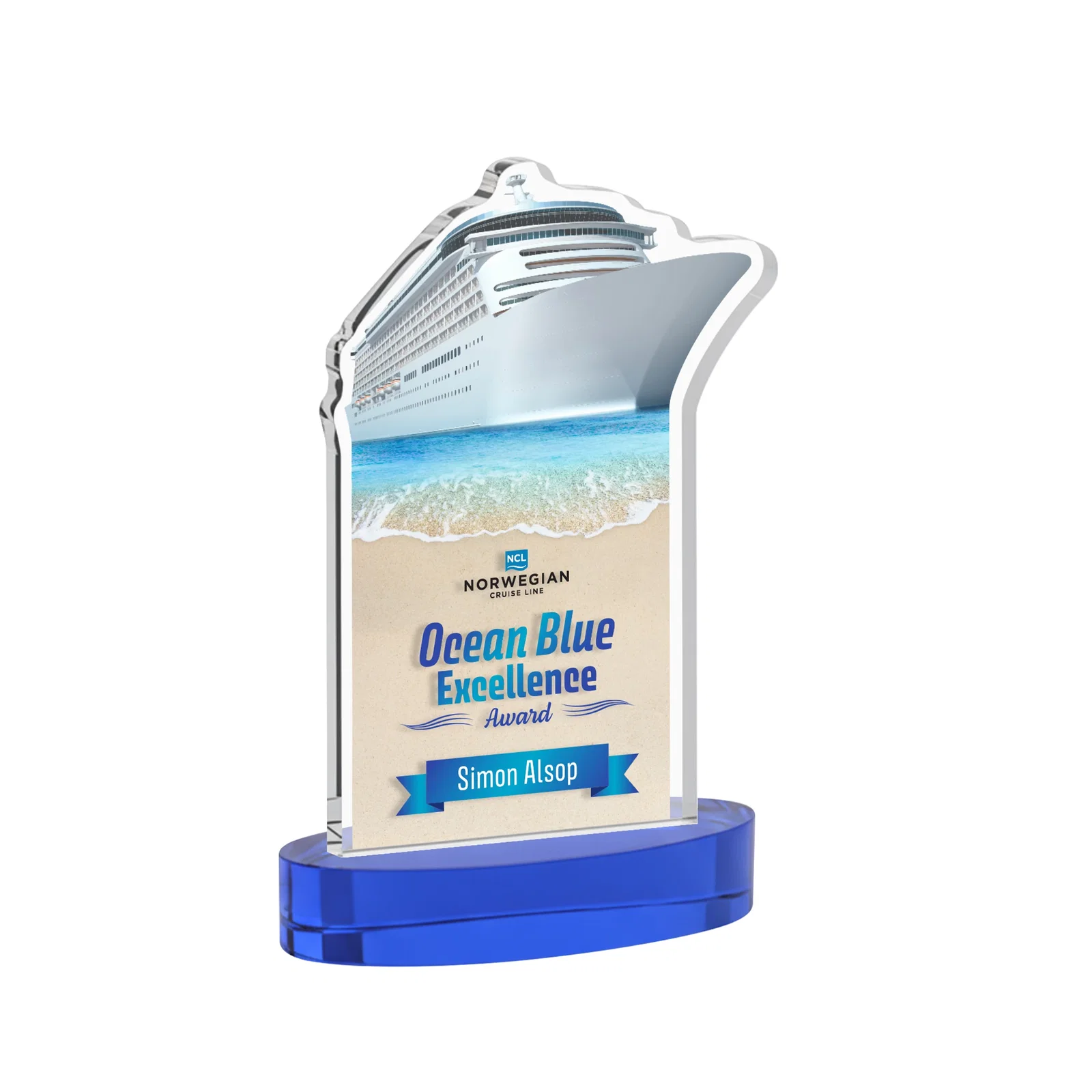 Custom printed Starfire Crystal Ship Cutout Award on Oval Base for dealer and partner awards