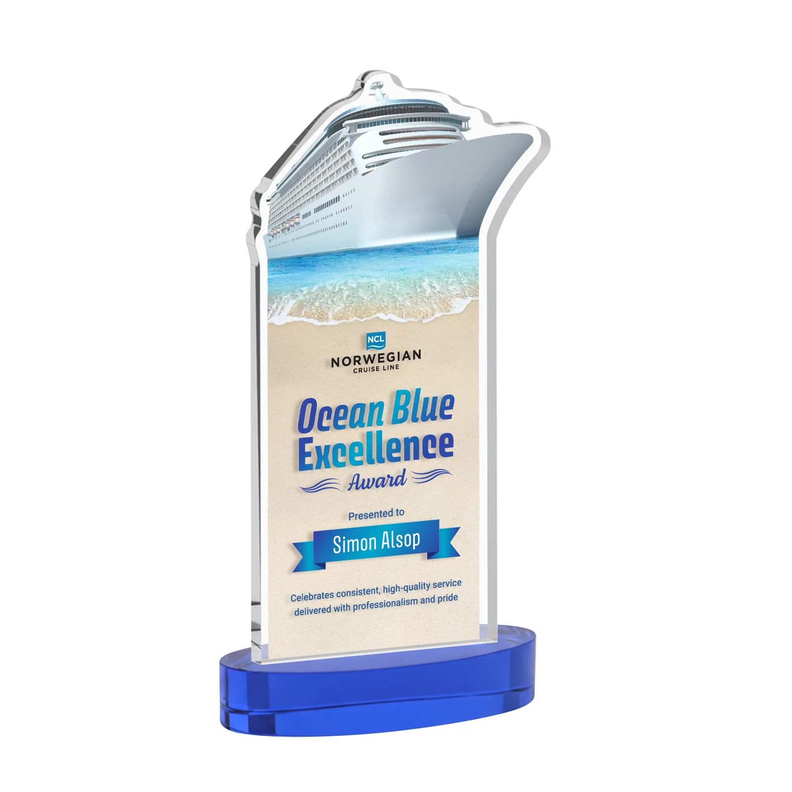 Custom printed Starfire Crystal Ship Cutout Award on Oval Base for company anniversary events