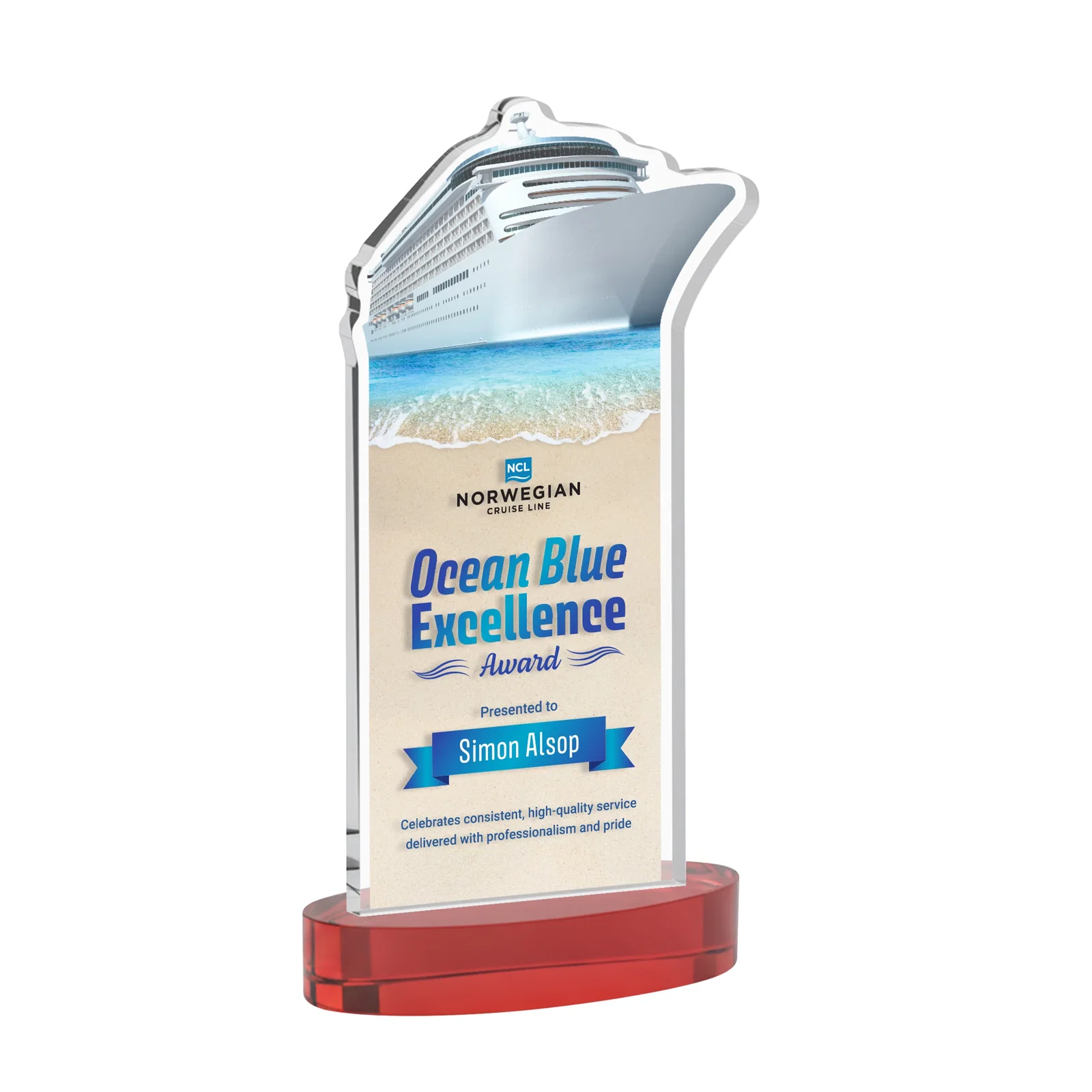 Customized Starfire Crystal Ship Cutout Award on Oval Base for sales achievement awards
