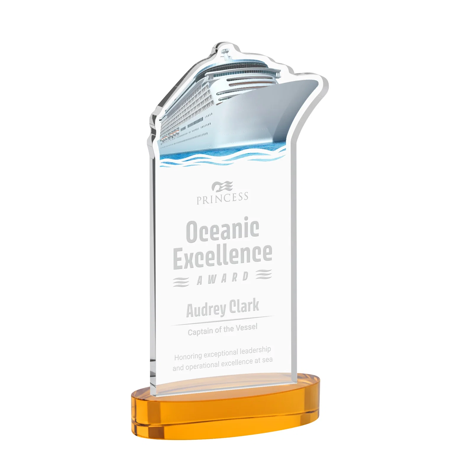 Custom Starfire Crystal Ship Cutout Award on Oval Base for graduation ceremonies