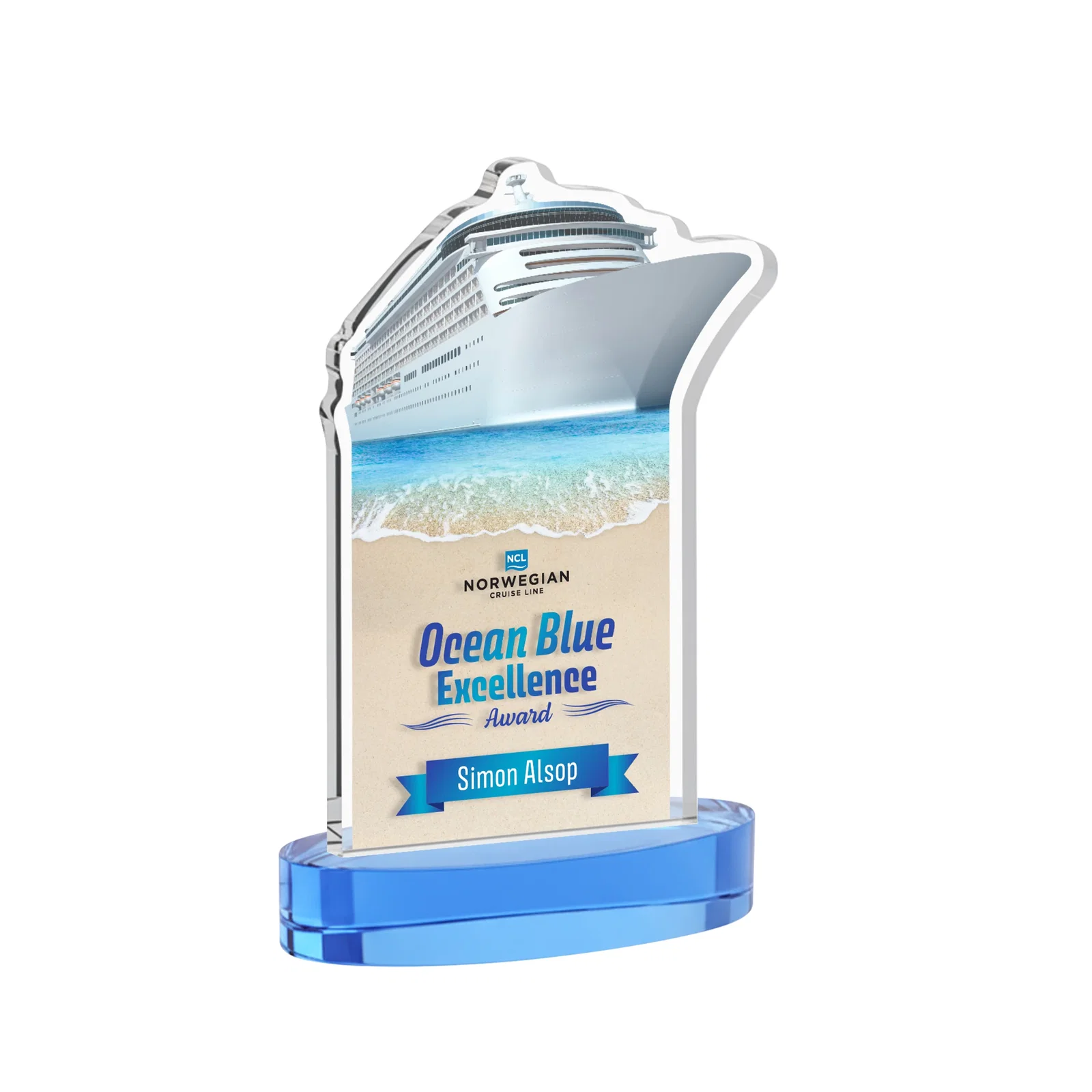 Customized Starfire Crystal Ship Cutout Award on Oval Base for donor appreciation