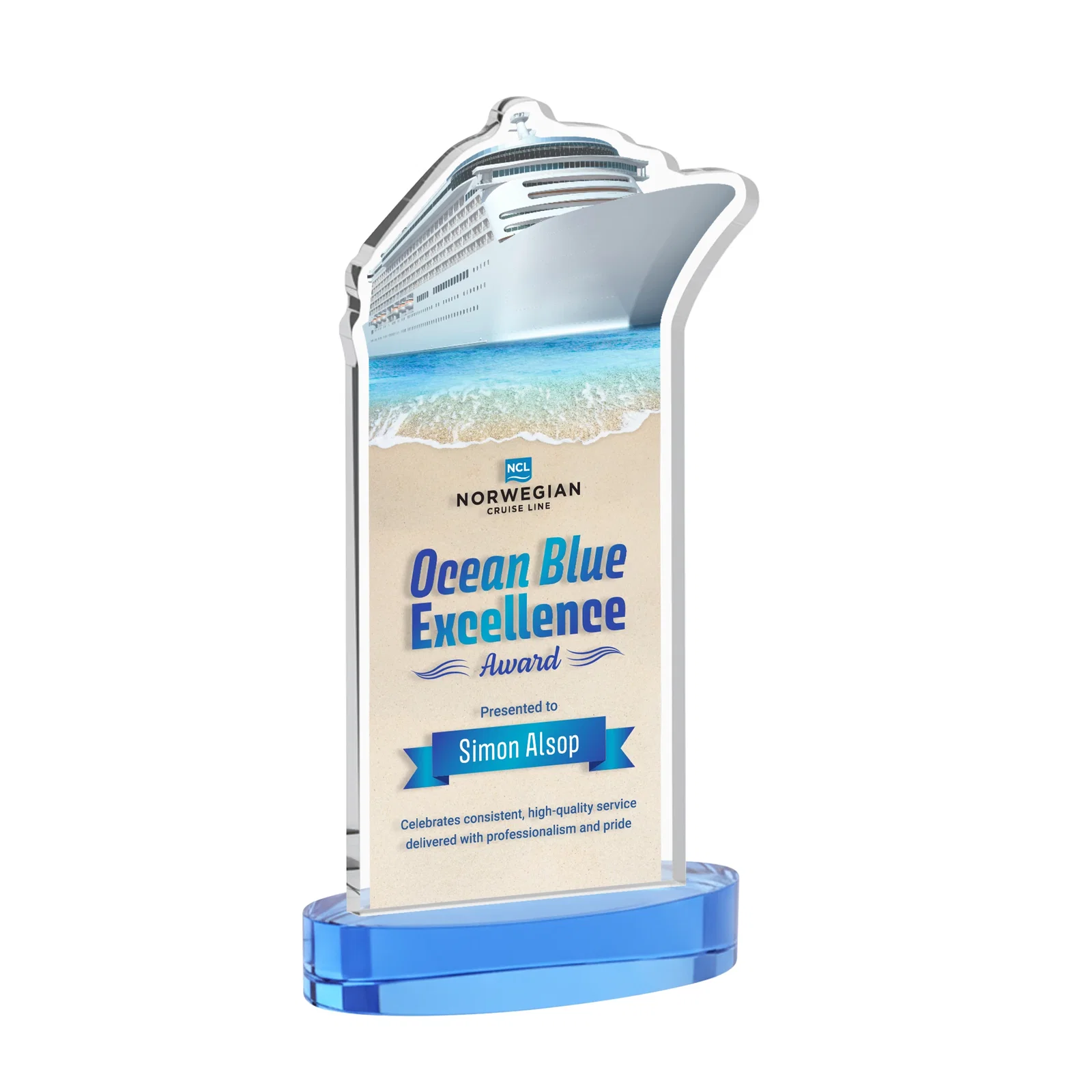 Customized Starfire Crystal Ship Cutout Award on Oval Base for graduation ceremonies