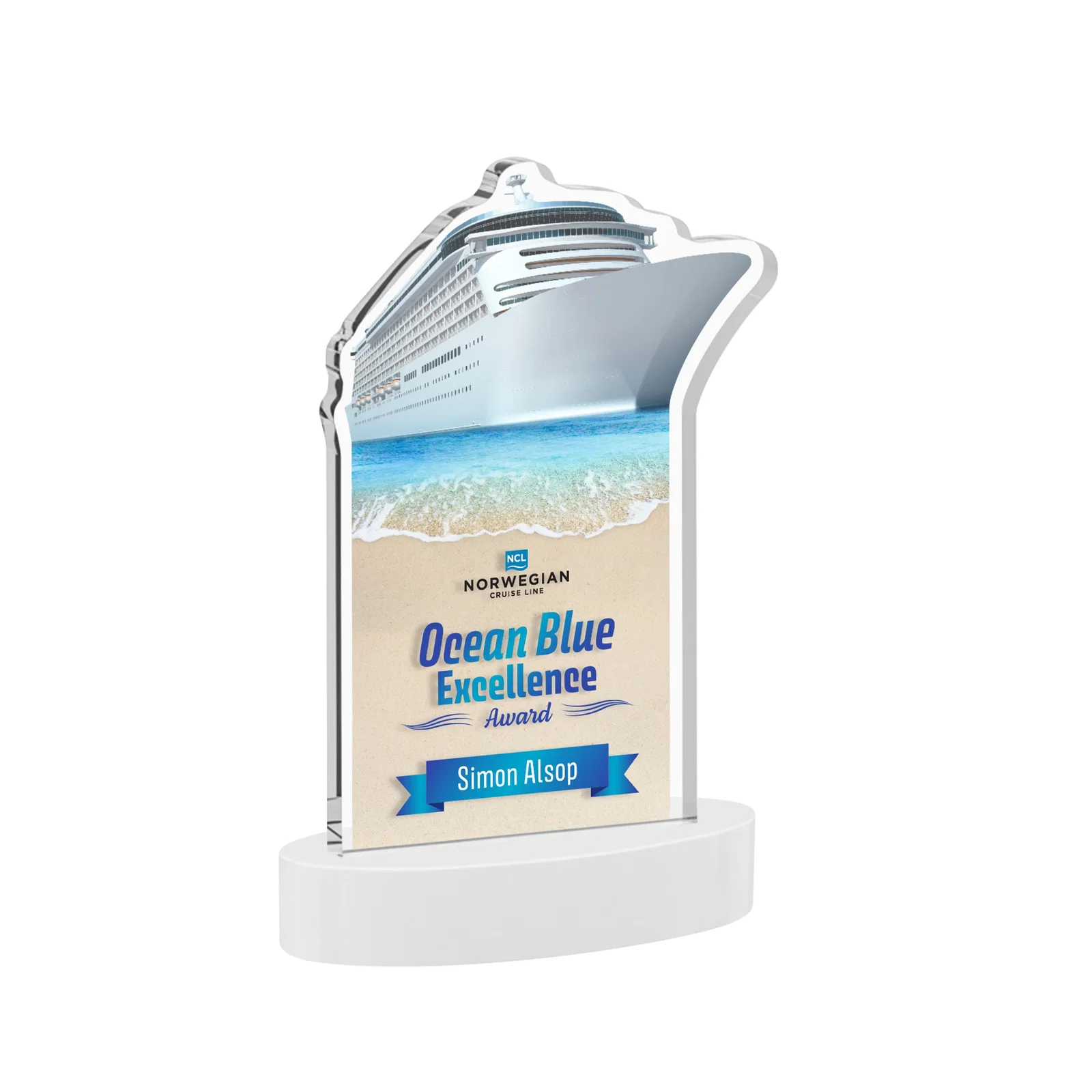 Customized Starfire Crystal Ship Cutout Award on Oval Base for company anniversary events