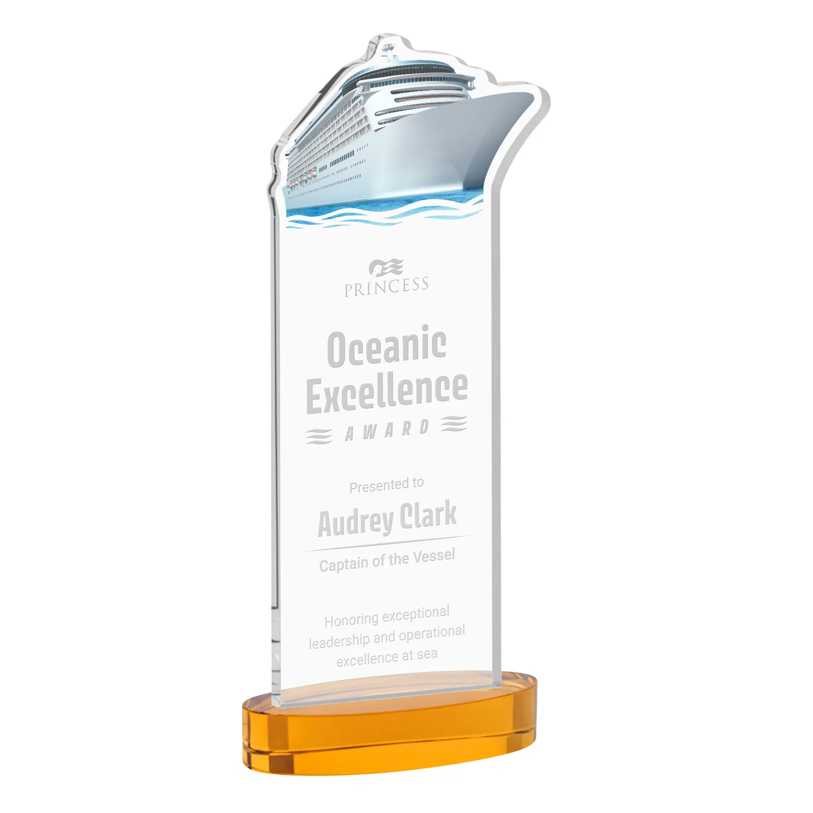 Custom Starfire Crystal Ship Cutout Award on Oval Base for safety achievement programs