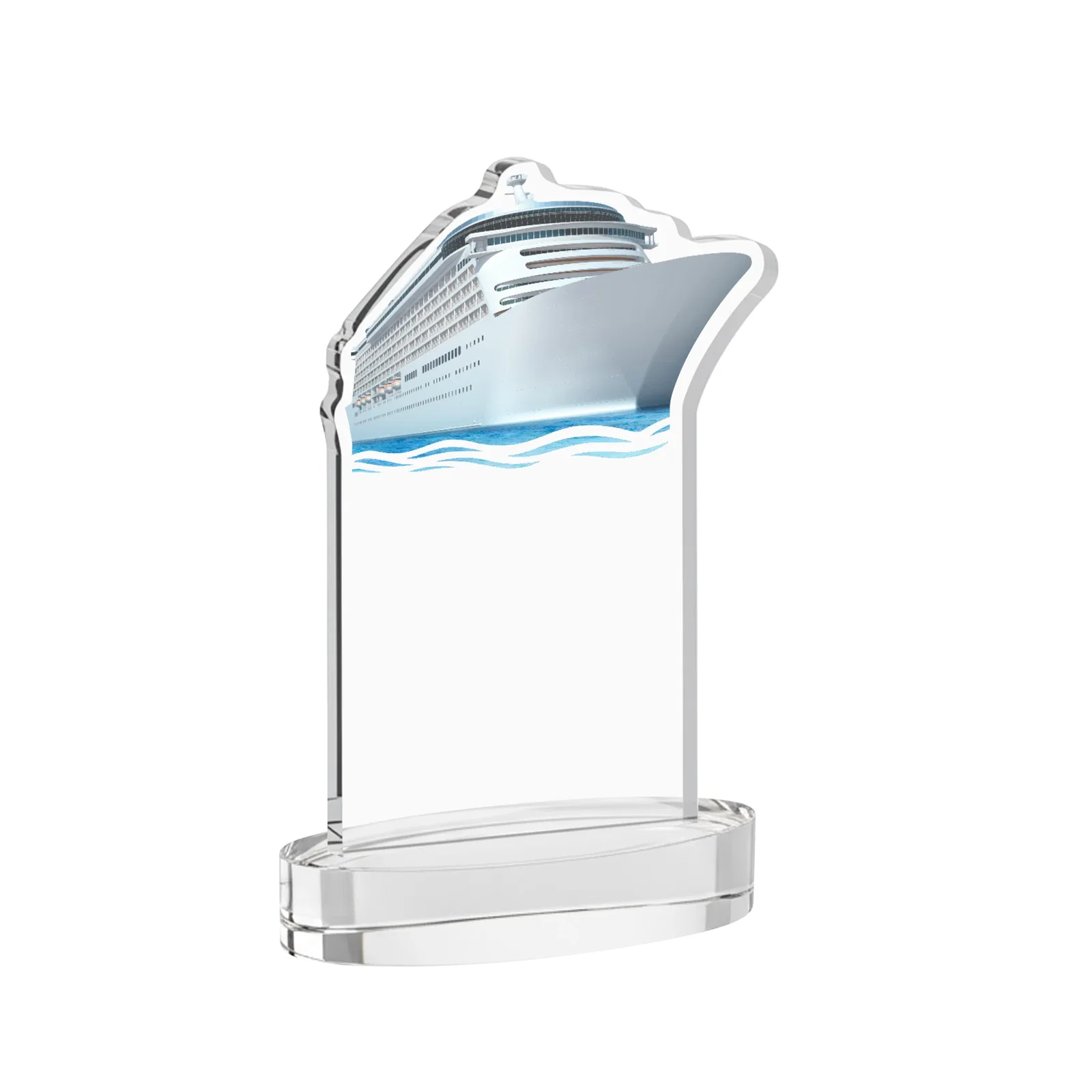 Custom engraved Starfire Crystal Ship Cutout Award on Oval Base for service anniversary gifts