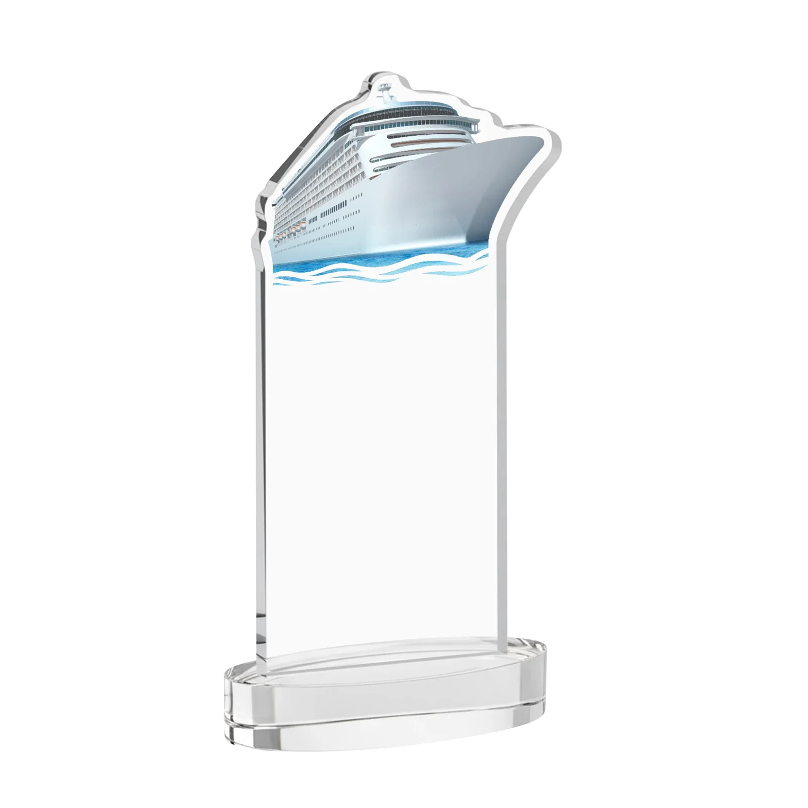 Custom engraved Starfire Crystal Ship Cutout Award on Oval Base for sales achievement awards
