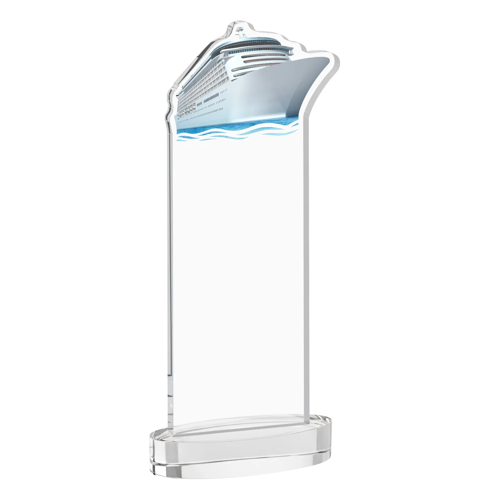 Custom engraved Starfire Crystal Ship Cutout Award on Oval Base for retirement presentations