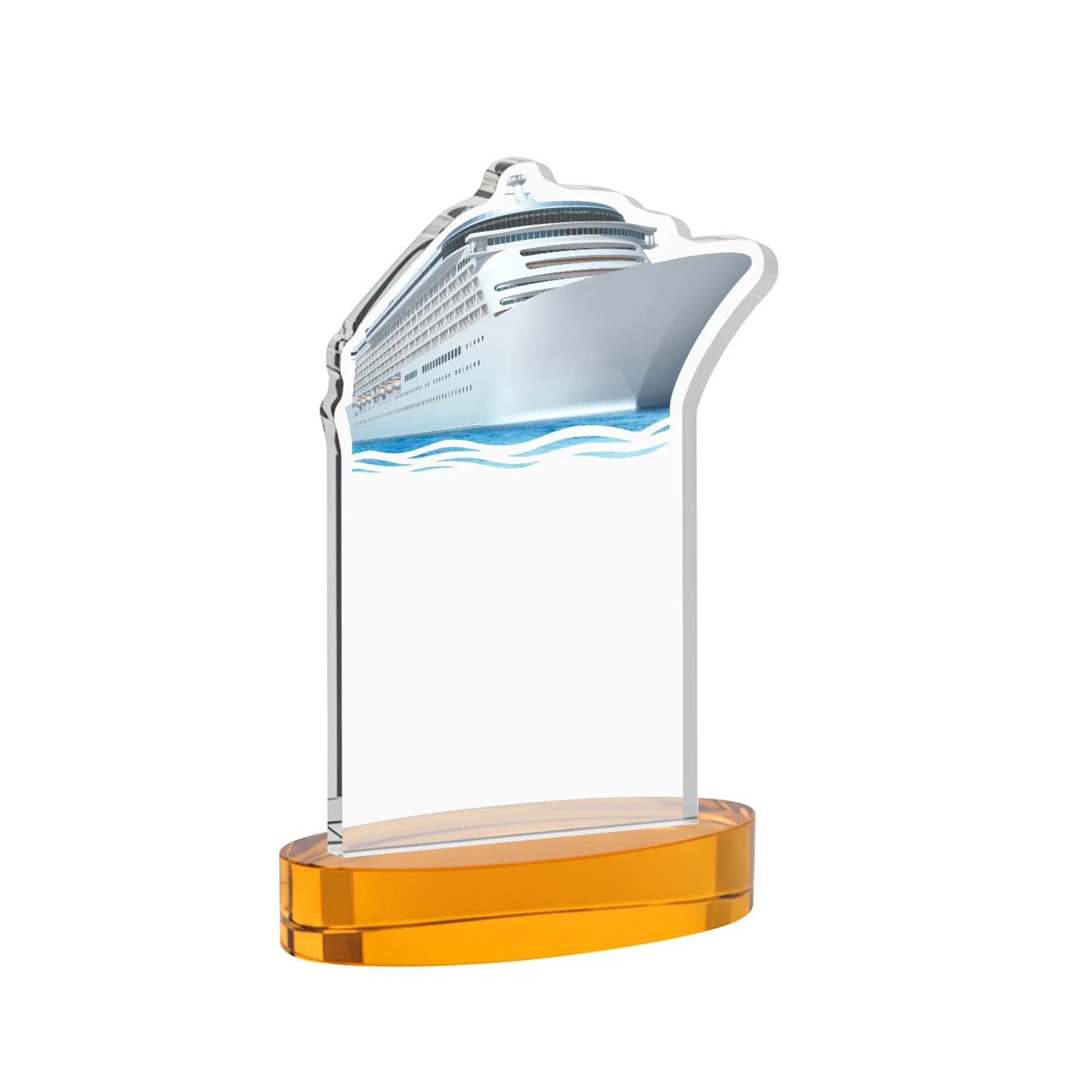 Custom engraved Starfire Crystal Ship Cutout Award on Oval Base for team milestone celebrations
