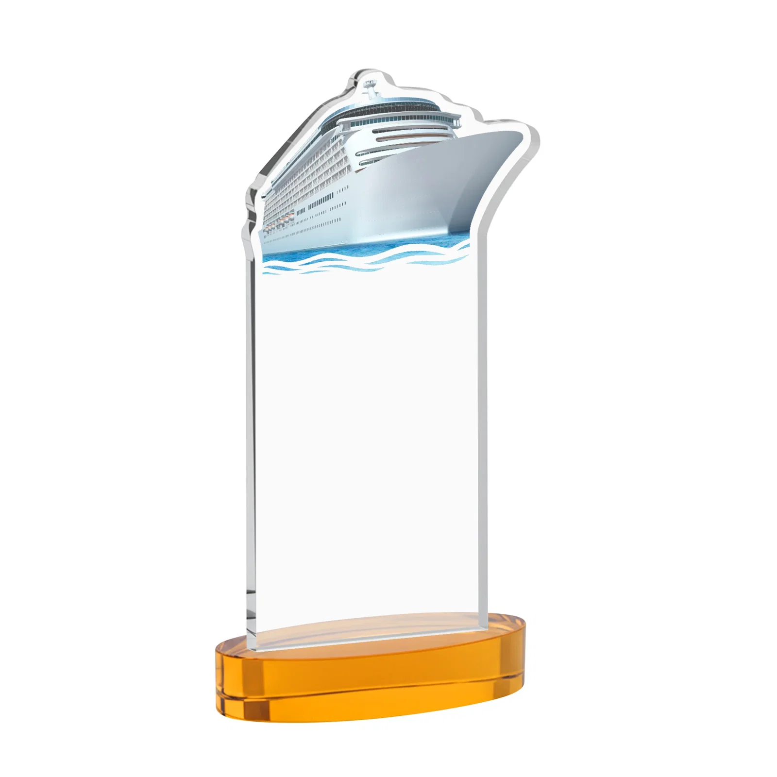 Custom engraved Starfire Crystal Ship Cutout Award on Oval Base for donor appreciation