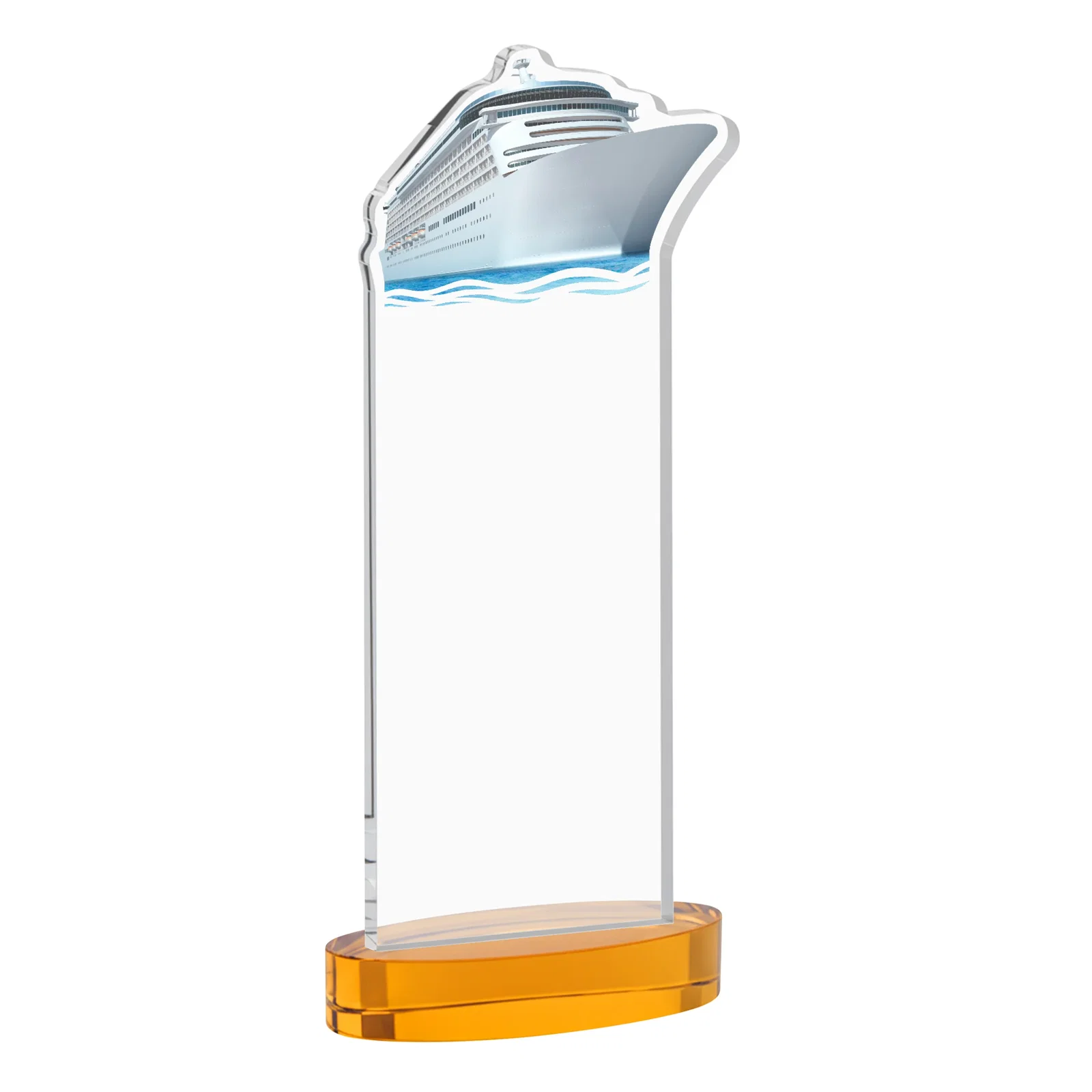 Custom engraved Starfire Crystal Ship Cutout Award on Oval Base for graduation ceremonies
