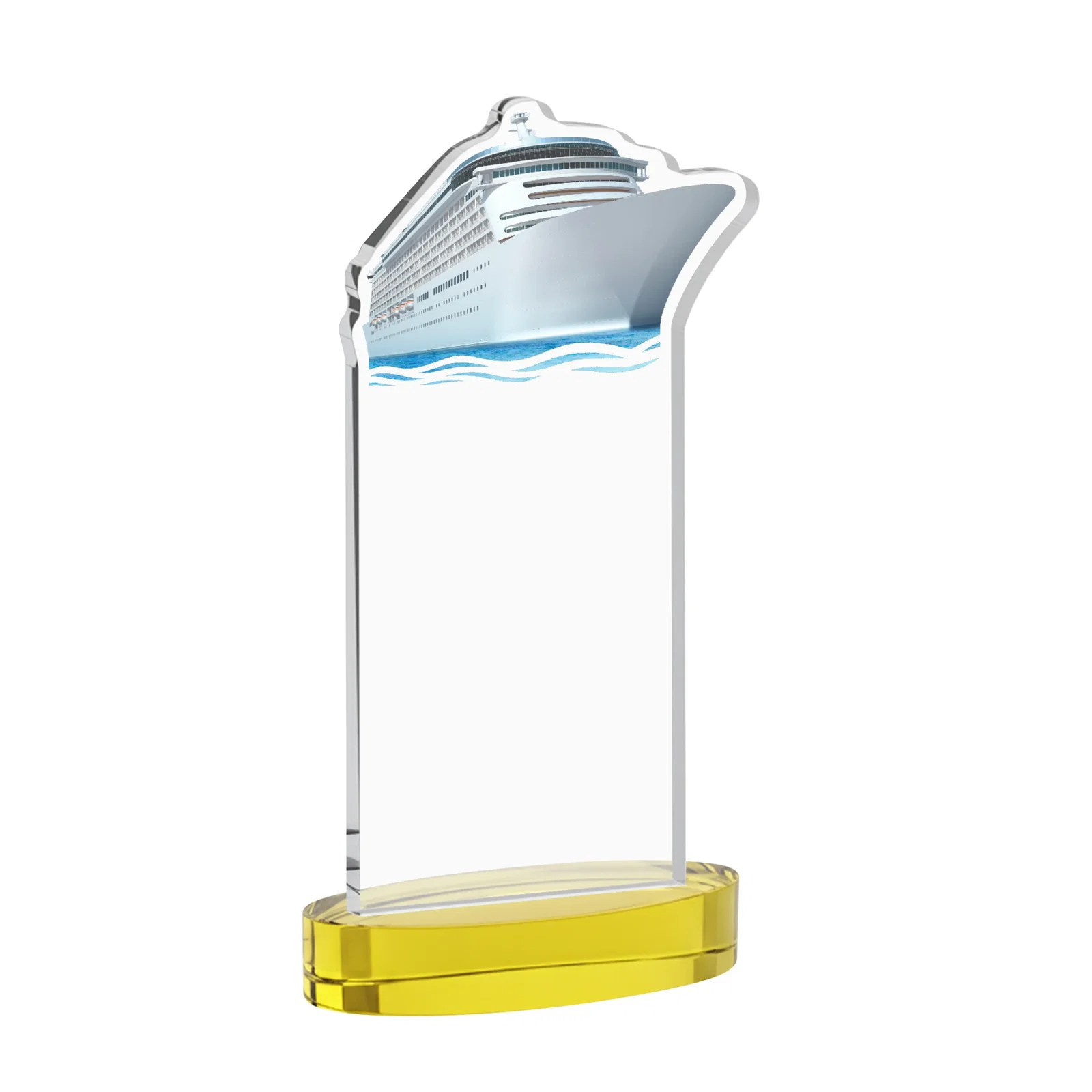 Custom engraved Starfire Crystal Ship Cutout Award on Oval Base for volunteer appreciation