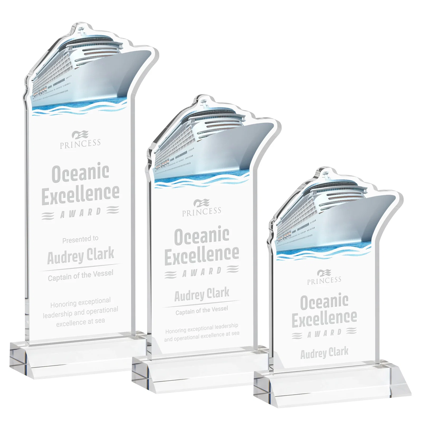 Custom Starfire Crystal Ship Cutout Award on Mitered Base for employee recognition