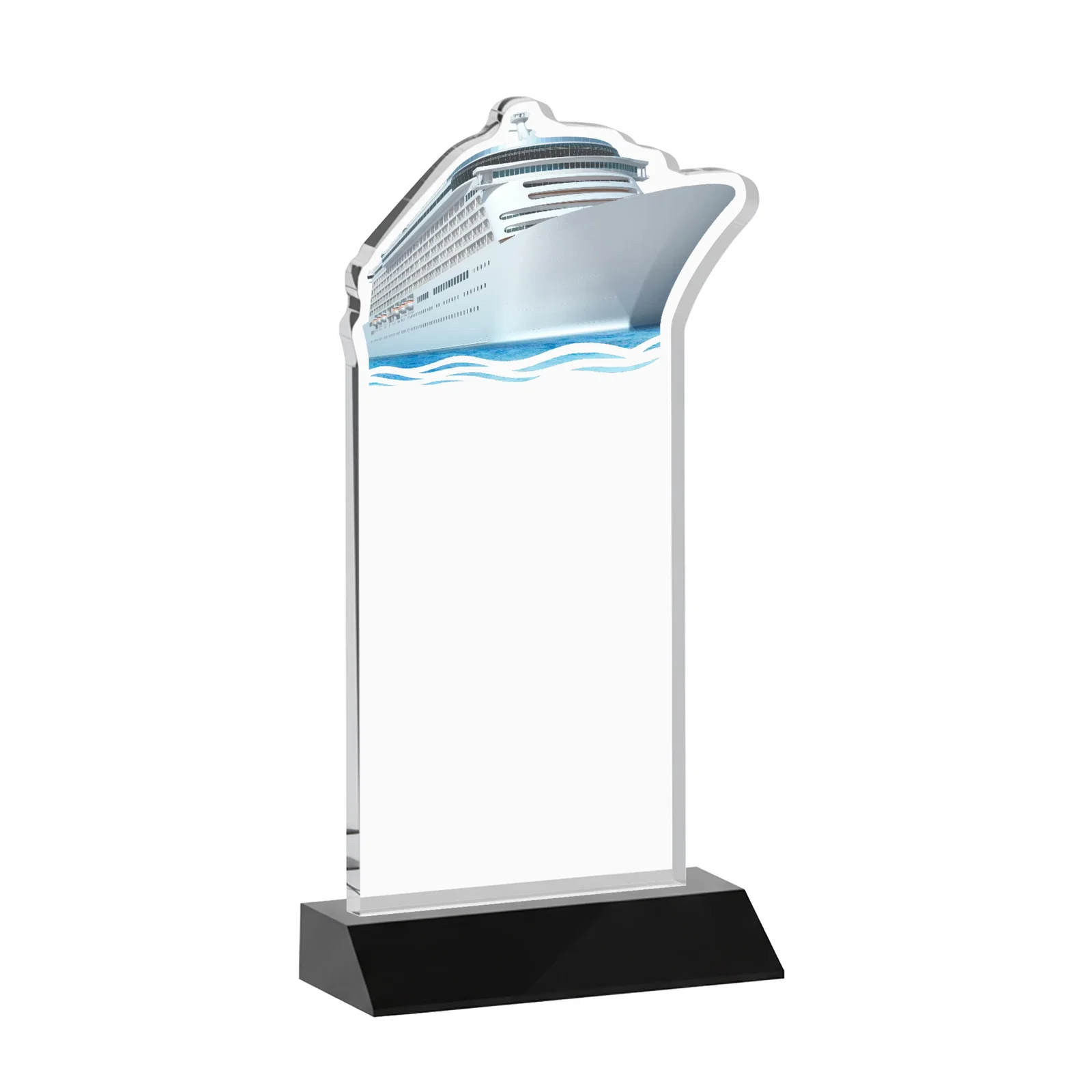 Custom engraved Starfire Crystal Ship Cutout Award on Mitered Base for company anniversary events