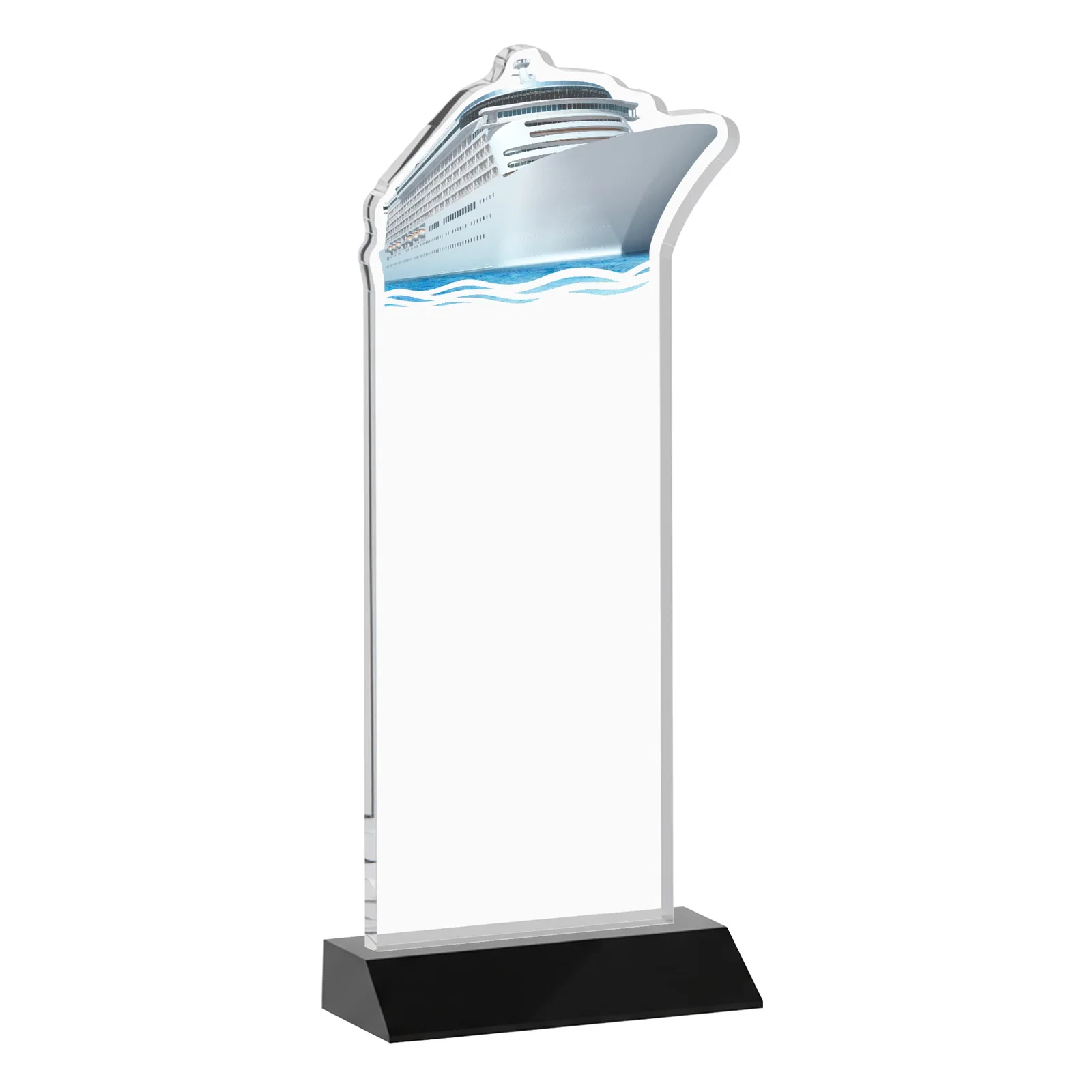 Custom Starfire Crystal Ship Cutout Award on Mitered Base, with your logo for employee recognition