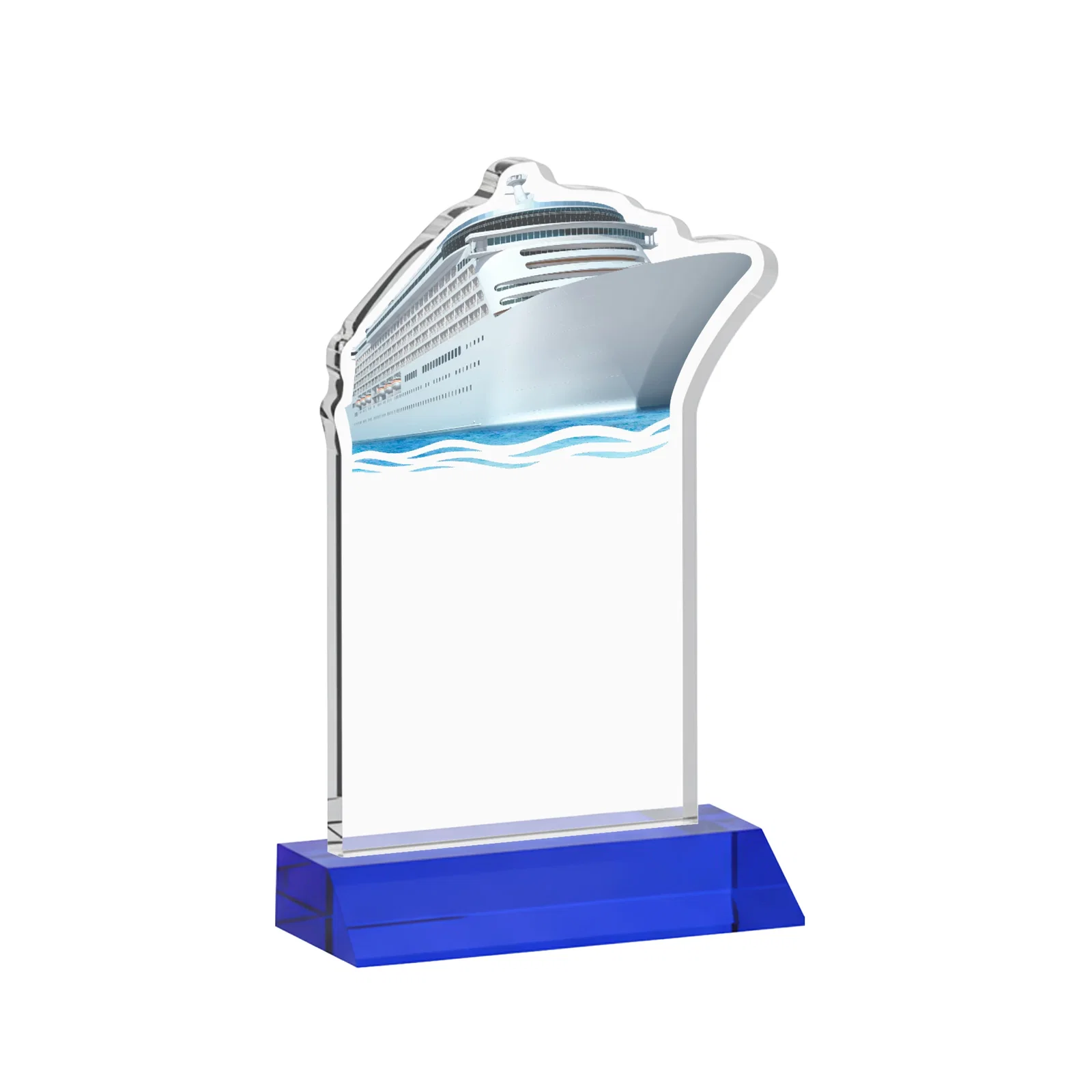 Custom Starfire Crystal Ship Cutout Award on Mitered Base, with your logo for corporate award ceremonies