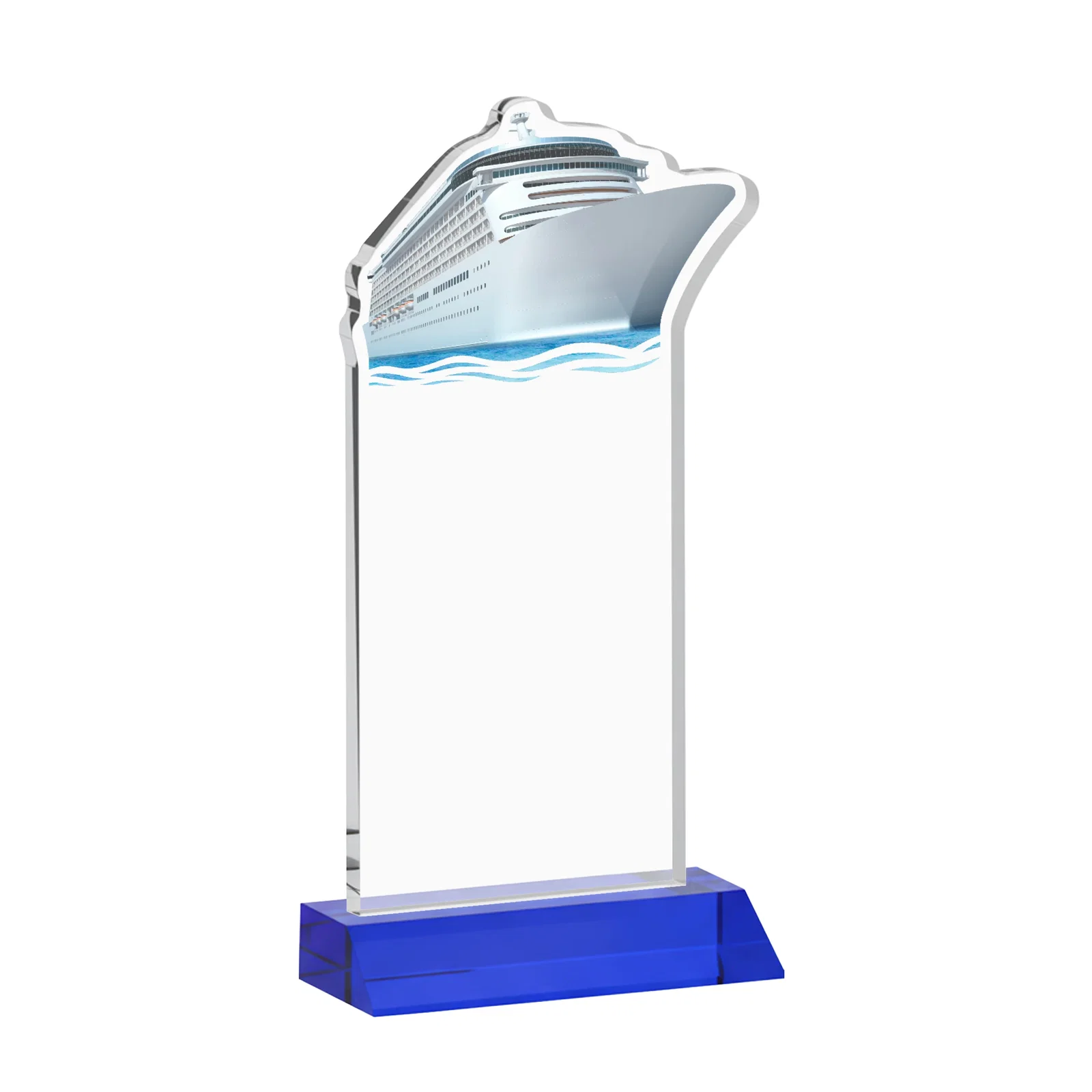 Custom Starfire Crystal Ship Cutout Award on Mitered Base, with your logo for service anniversary gifts