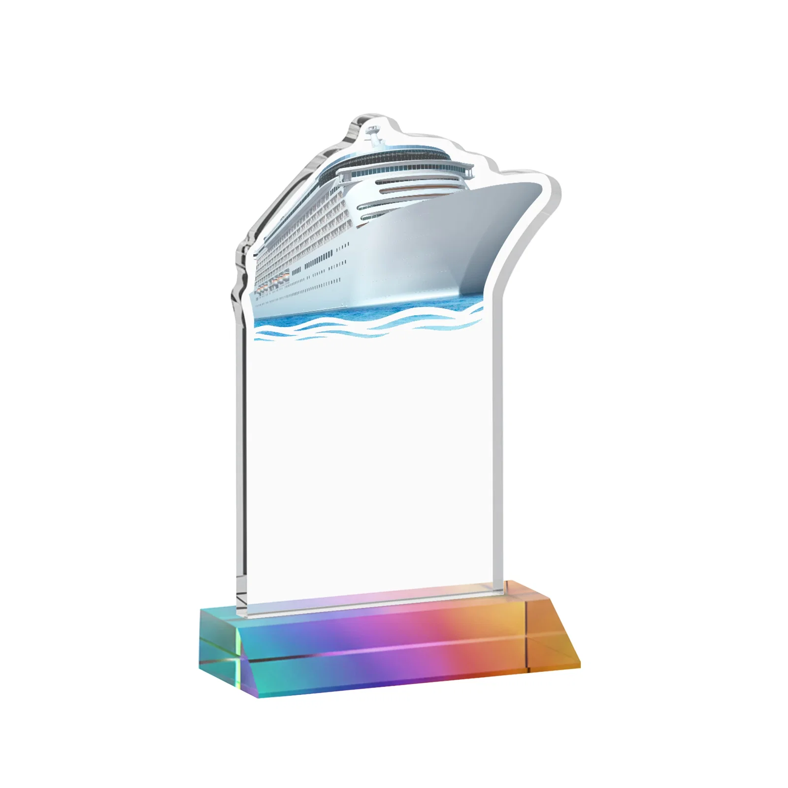 Custom Starfire Crystal Ship Cutout Award on Mitered Base, with your logo for retirement presentations