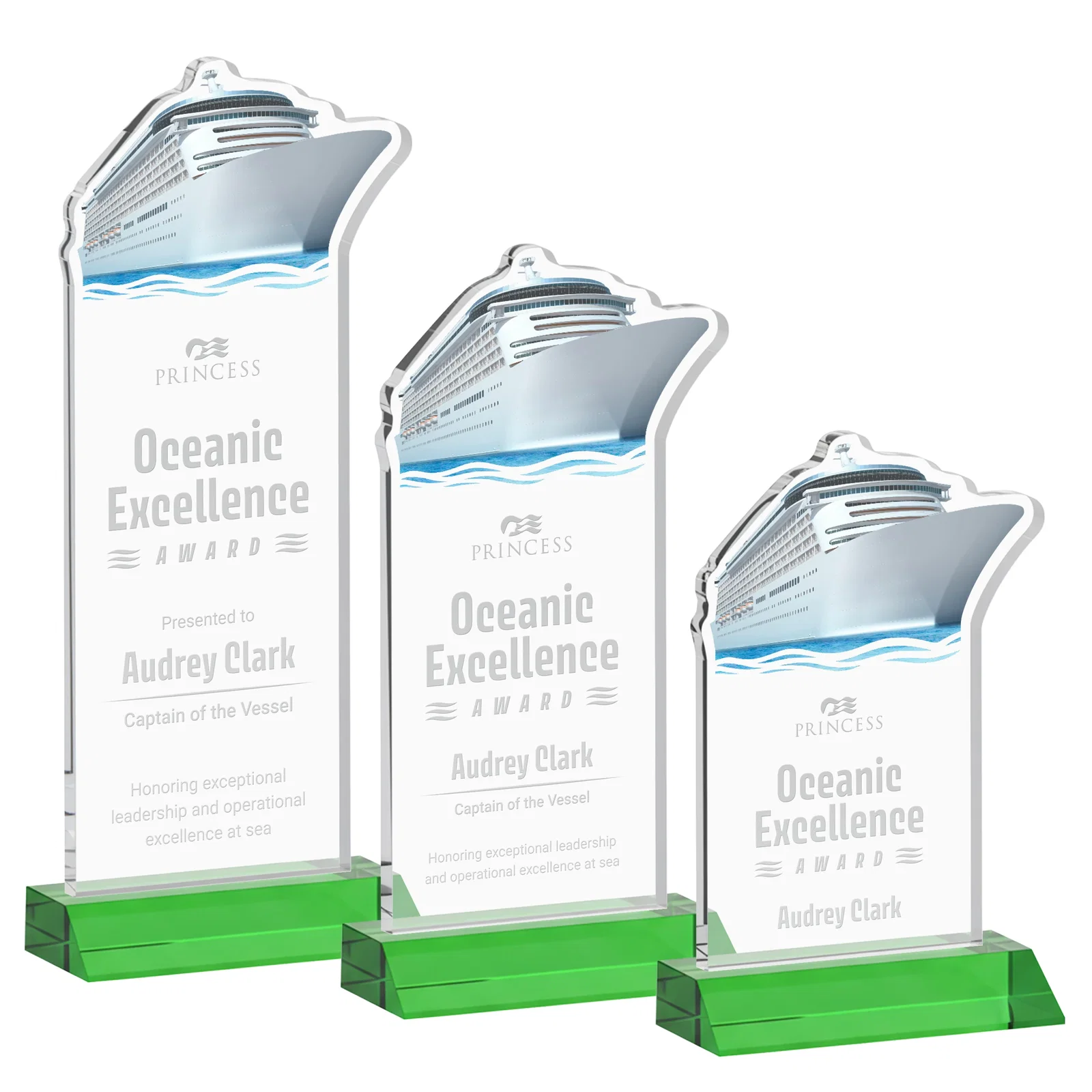 Custom Starfire Crystal Ship Cutout Award on Mitered Base for volunteer appreciation